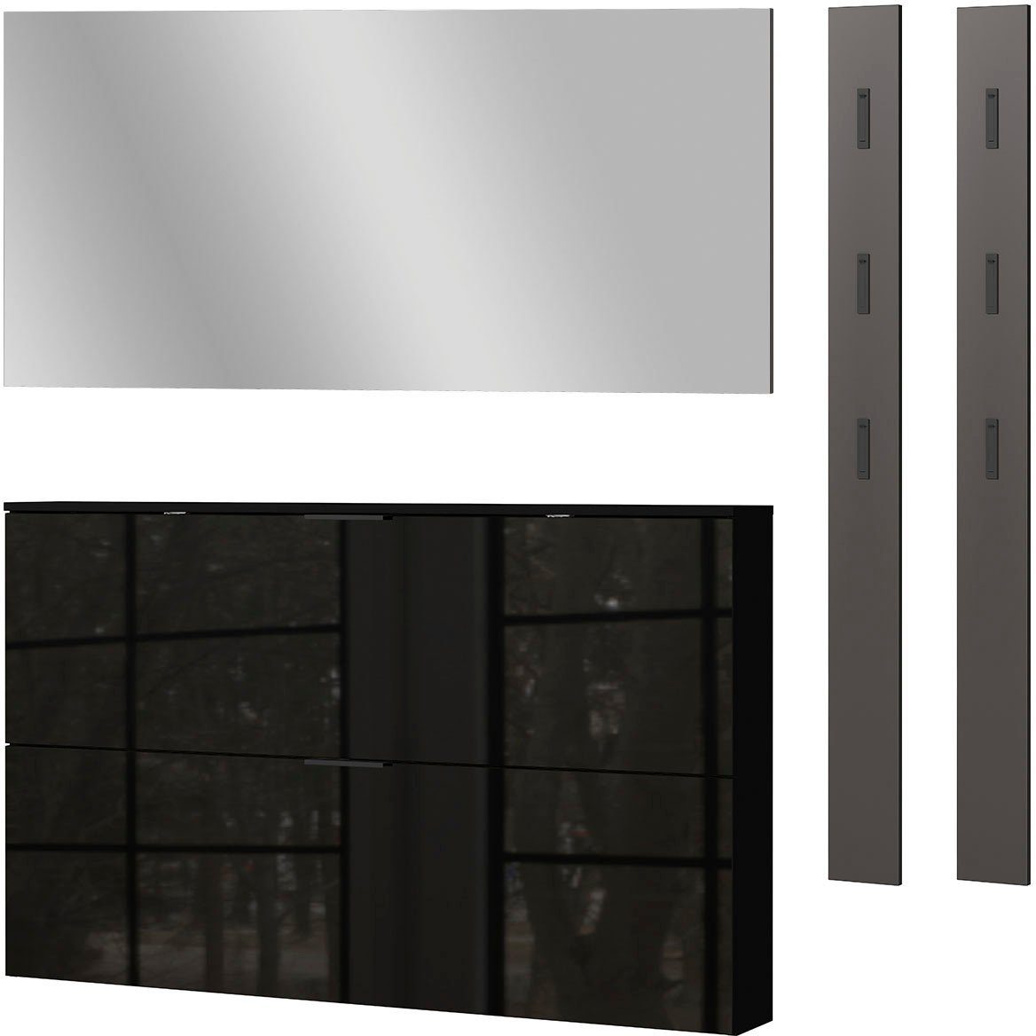 zwei Schwarz Garderobenpaneelen Glasfronten, und mit Schuhschrank Garderoben-Set Spiegel GERMANIA (4-St), Valega,
