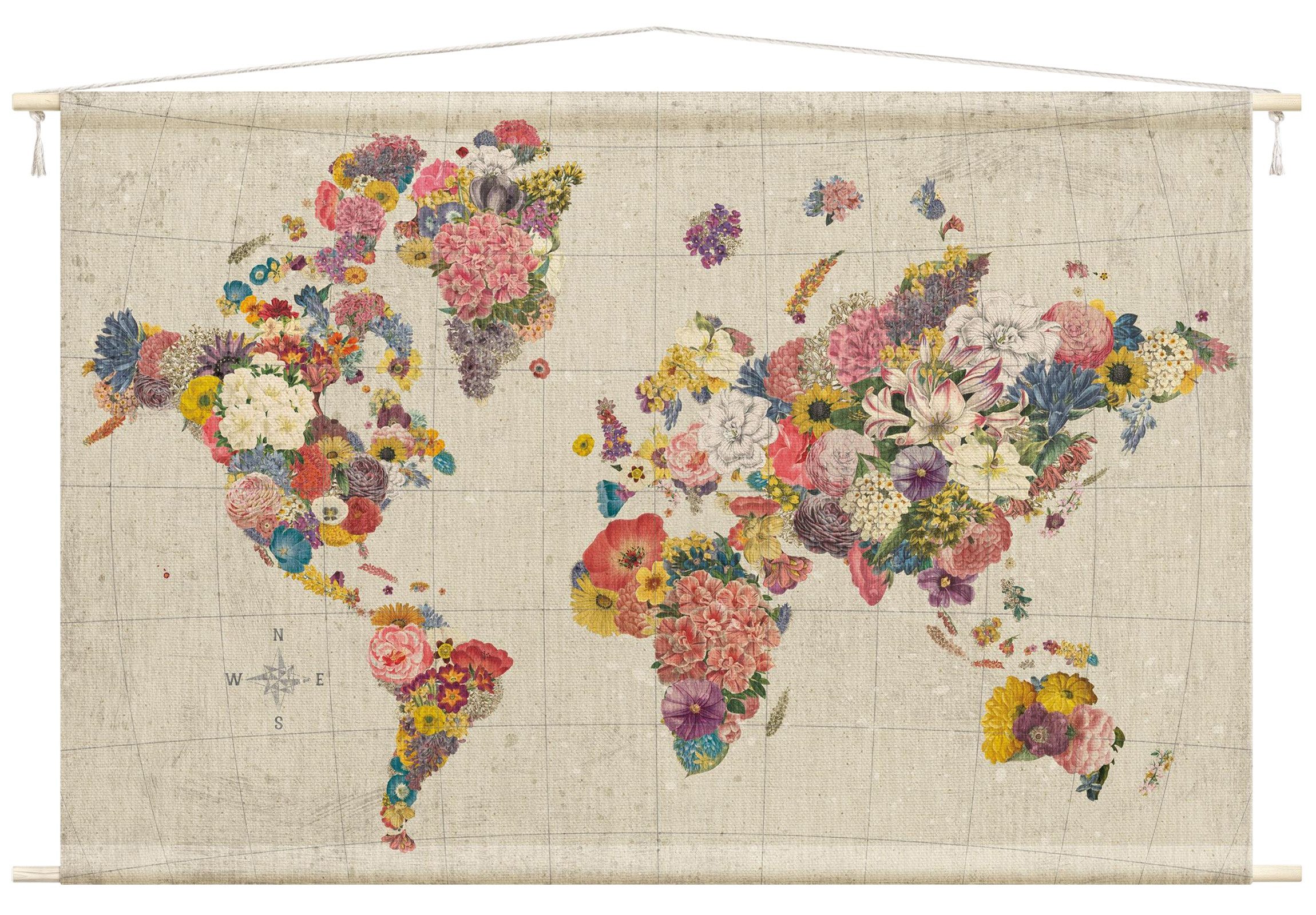 Bilderdepot24 Wandteppich modern Blumen Vintage Weltkarte beige, rechteckig, Höhe: 2.6 mm, großes Wandbild aus Natur-Baumwolle Wandbehang Stoffbild Tuch Wollseil