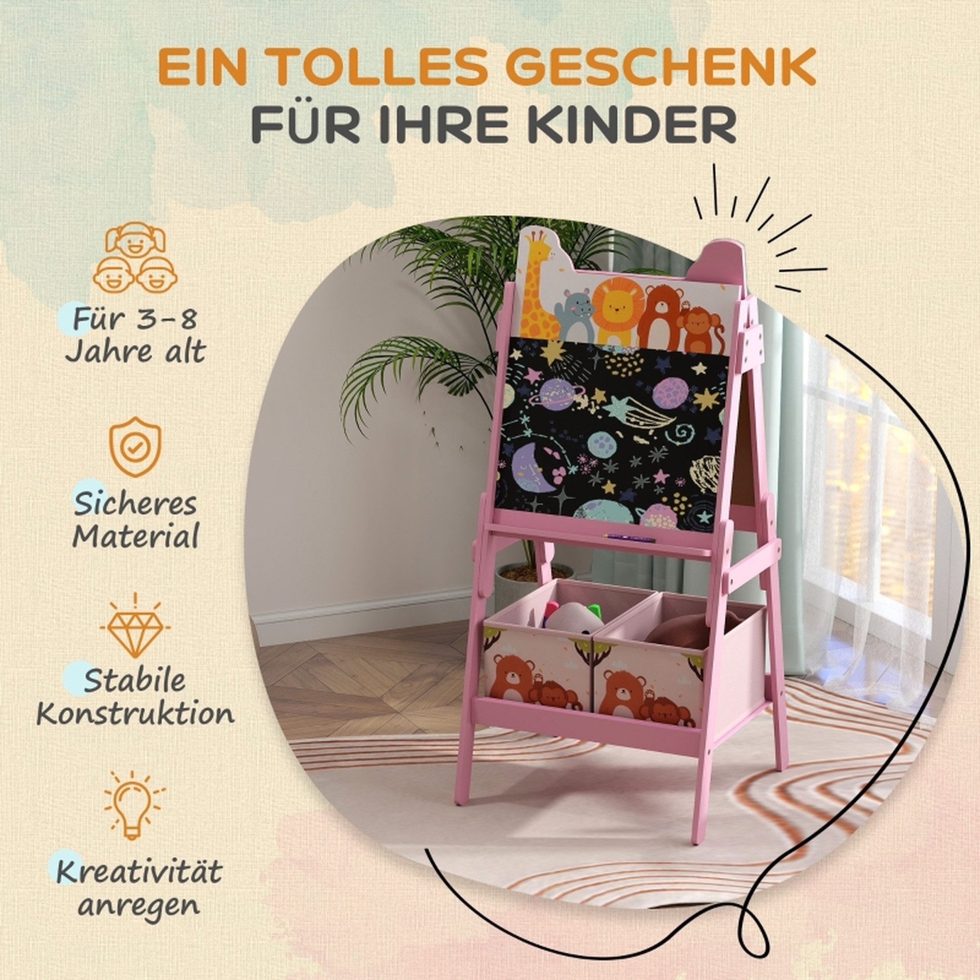 MC Star Standtafel 2-in-1 Kindermalstaffelei mit Whiteboard, Aufbewahrungsboxen, (Kreidetafel, für Kinder im Alter von 3-8 Jahren, Rosa)
