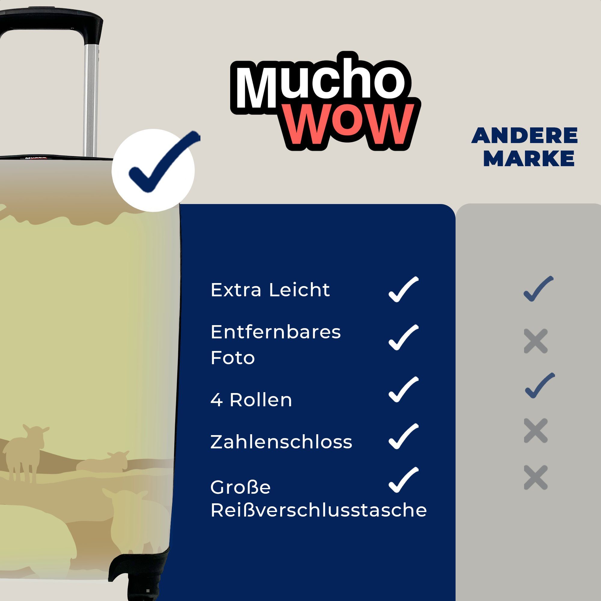 Rollen, Schafherde, für mit rollen, Illustration Trolley, eines 4 Ferien, Handgepäckkoffer Reisekoffer MuchoWow Handgepäck Hirten mit einer Reisetasche