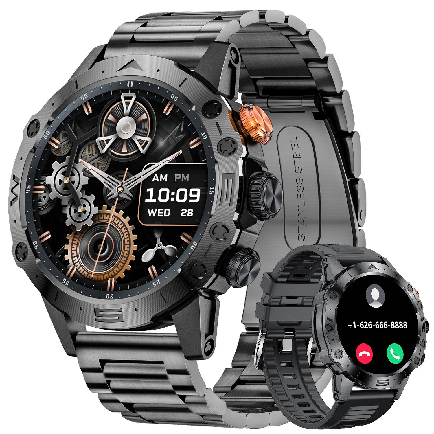 Sanorum Smartwatch Herren mit Telefonfunktion Smartwatch (3.88 cm/1.53 Zoll, Touchscreen und Sprachassistent) mit 24/7 Herzfrequenz, SpO2, Schlafüberwachung, IP68/5ATM Wasserdicht 100+ Sportmodi Fitness Watch, für iOS/Android/Silikonarmbänder