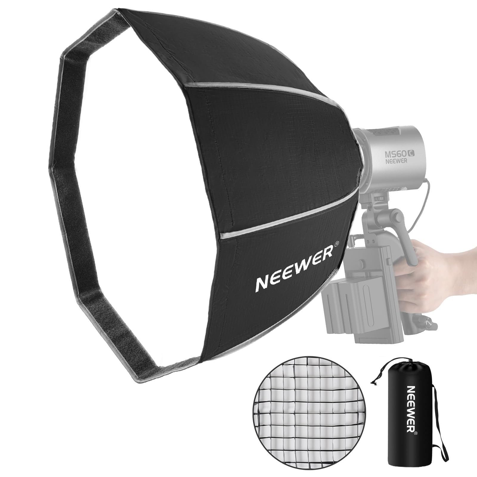 Neewer Softbox NS4P 50cm Achteck Softbox, Faltbar, mit Honeycomb-Grid, und Lichtdiffusor, Schnellinstallation, mit NEEWER Mount, für MS60