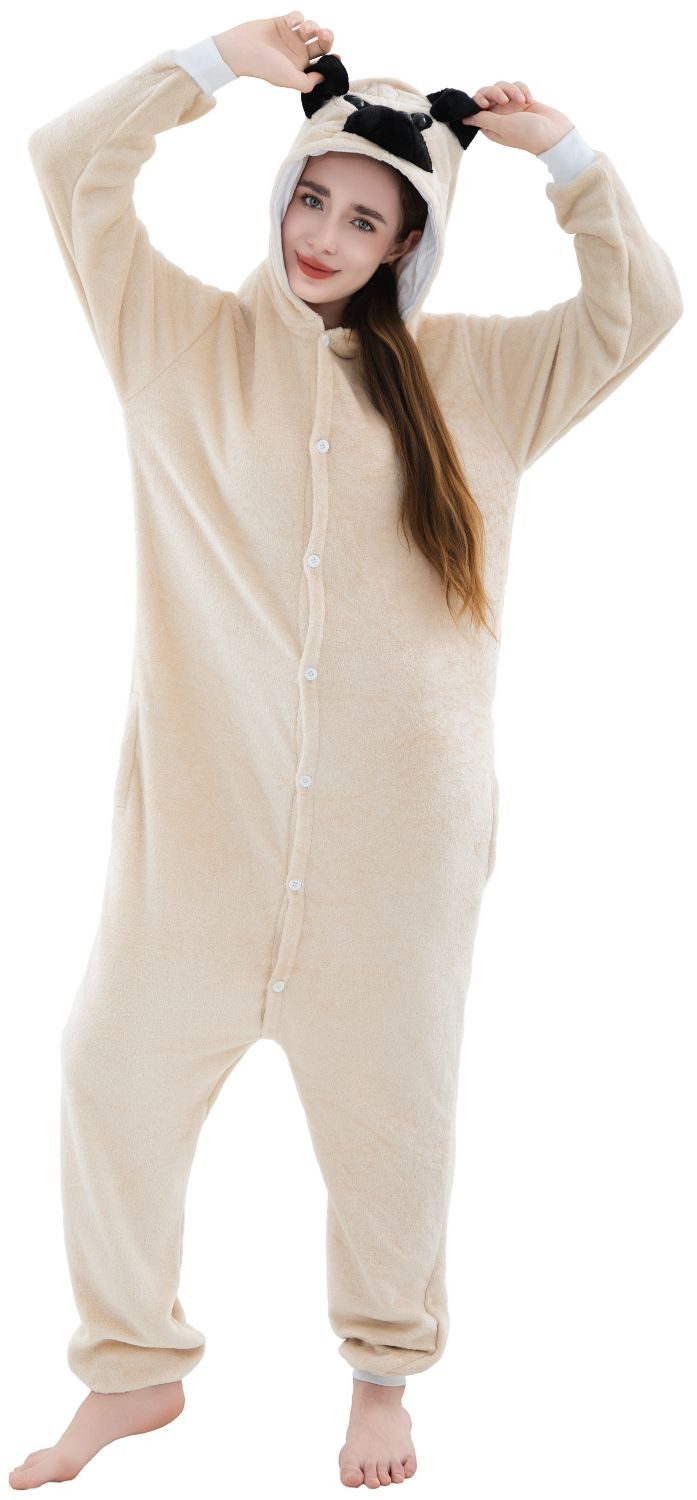 Corimori Partyanzug Onesie Ganzkörper Kostüm für Erwachsene, Mops-Kostüm Damen Herren Karneval Tier-Kostüme Hund Mops Bulldogge,M