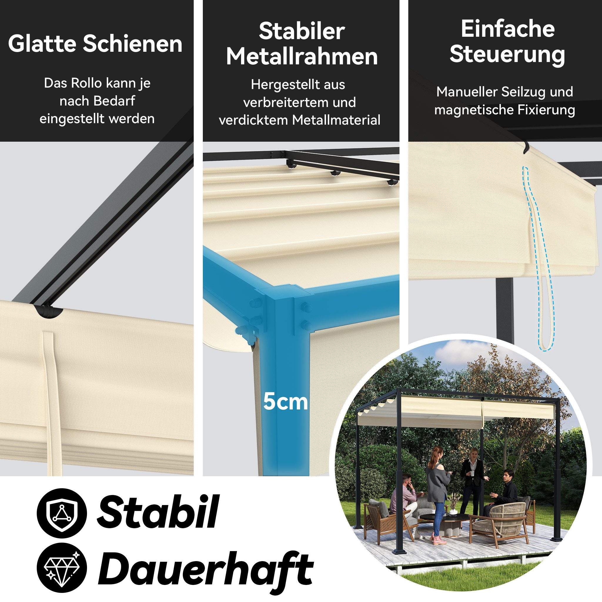 FIVMEN Pergola Gartenpavillon mit Schiebedach Terrassendachung aus Metall