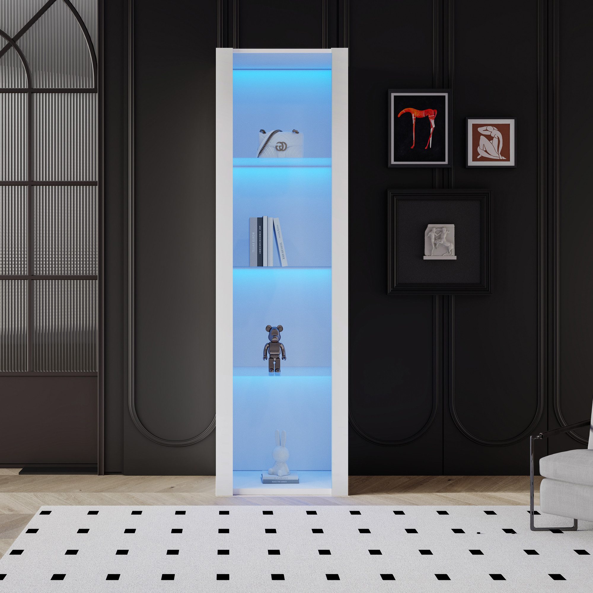 REDOM Vitrine Moderner weißer Hochglanz-Vitrinenschrank mit (4 Fächern, ohne Tür) APP Steurung mit LED-Beleuchtung 55*38*166cm