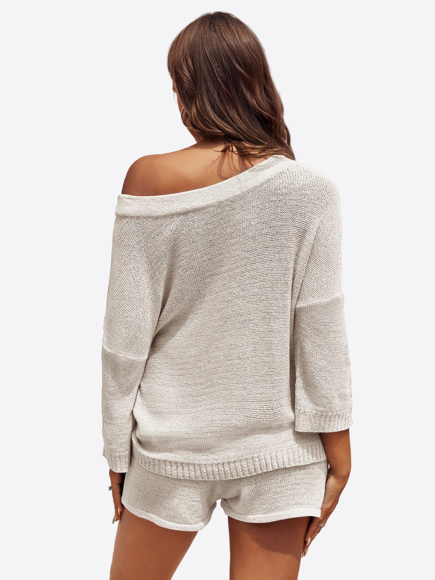 Imily Bela Hausanzug Damen Zweiteiliges Pyjama-Set (Set, 2 tlg., Schulterfreier Strickpullover + Kurze Hose) Einfarbig – Bild 3 von 5