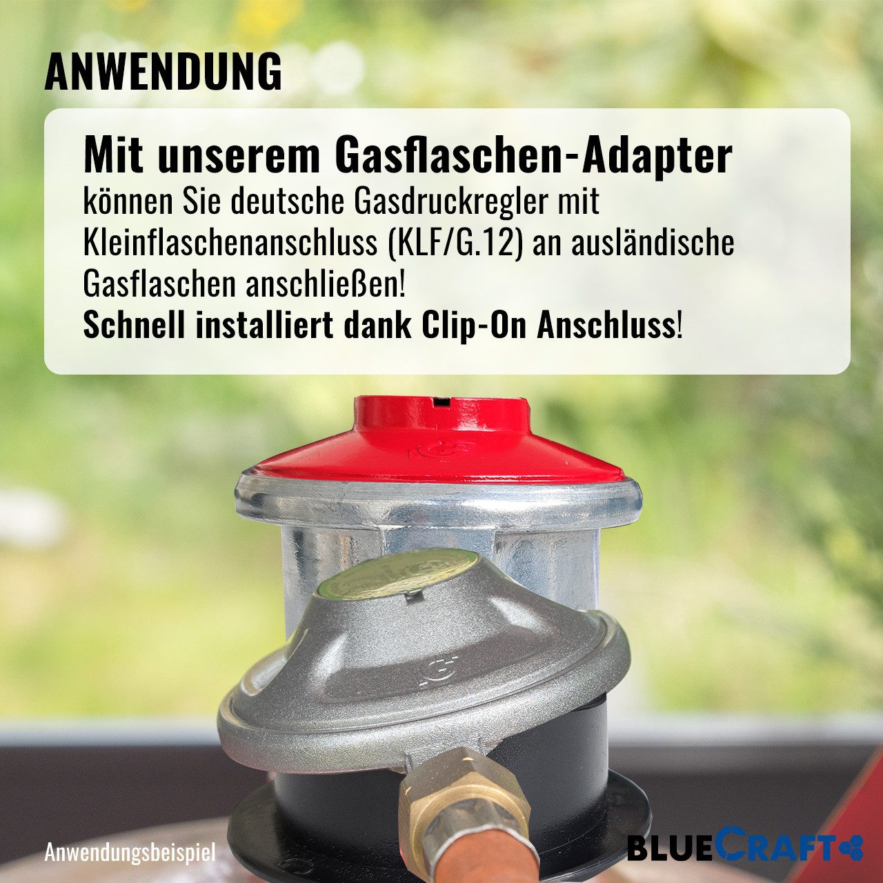 BlueCraft Druckminderer Adapter für ausländische Gasflaschen in Spanien Portugal uvm., (für Camping Propan Gasflasche, Gaskocher, Gasgrill), Clip-On JUMBO 35mm für deutsche Gas-Druck-Regler 30 mbar 50 mbar