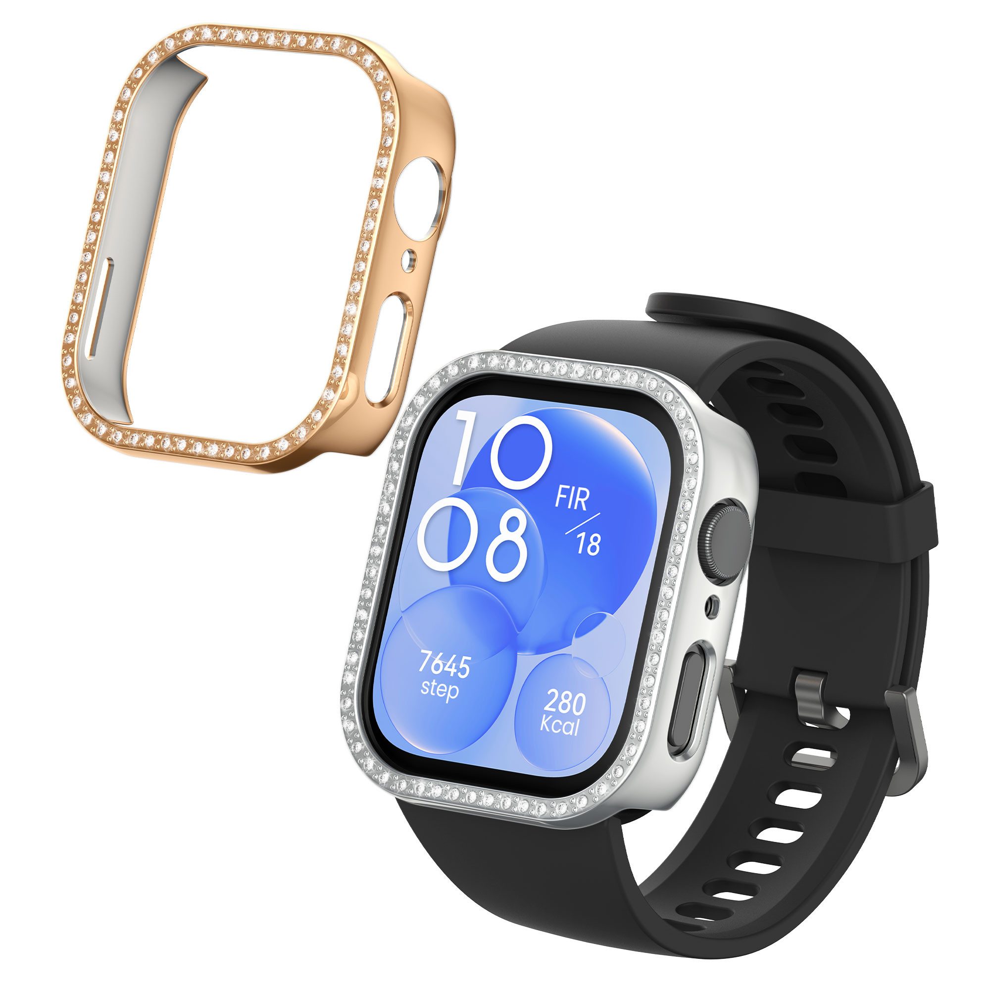 kwmobile Smartwatch-Hülle 2x Kunststoff Hülle für Huawei Watch Fit 3, Schutzrahmen - Glitzer Schutzhülle in Silber Rosegold