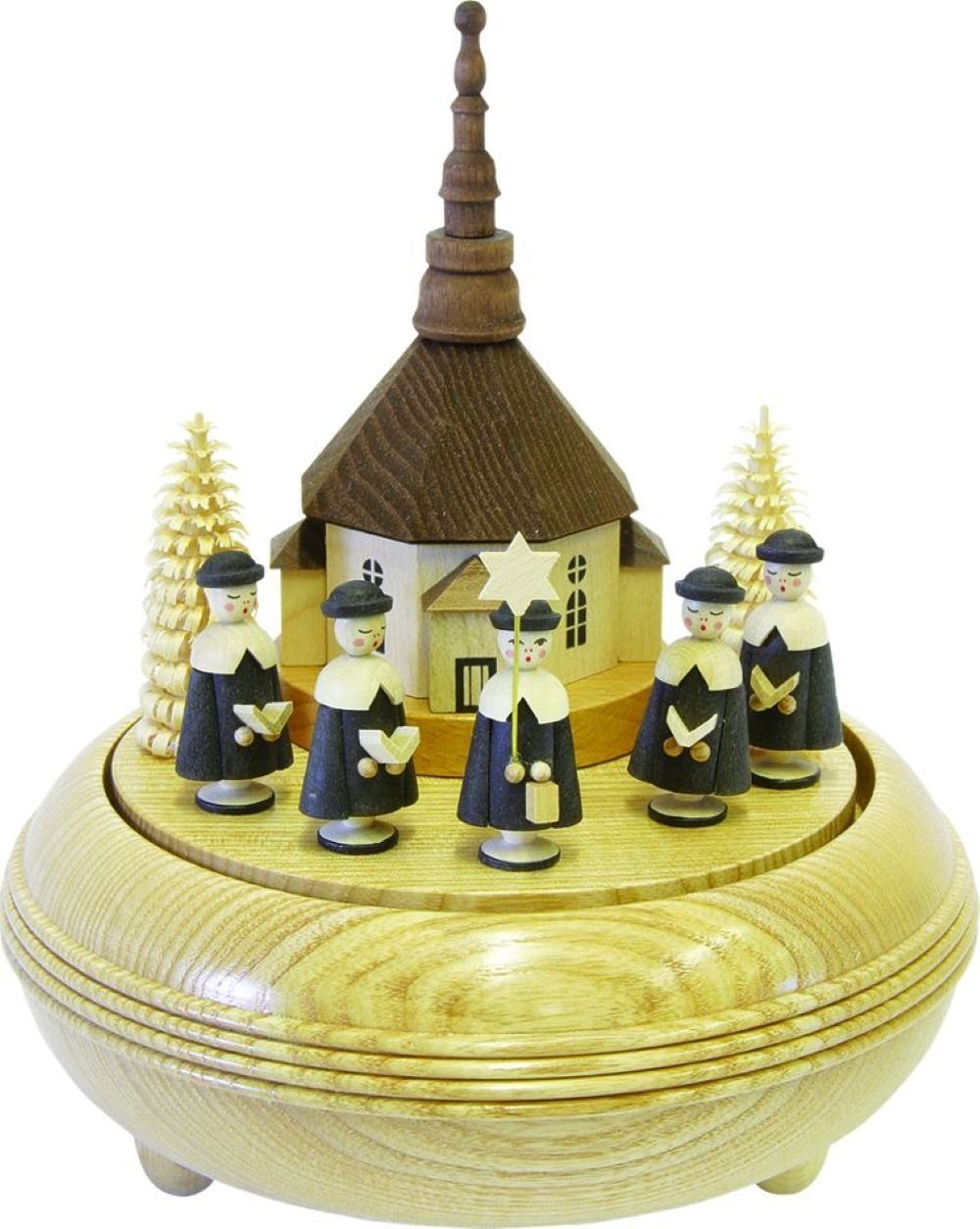 Richard Glaesser Spieluhr Seiffener Kirche mit Kurrende, Höhe 19cm, Handwerkskunst original Erzgebirge