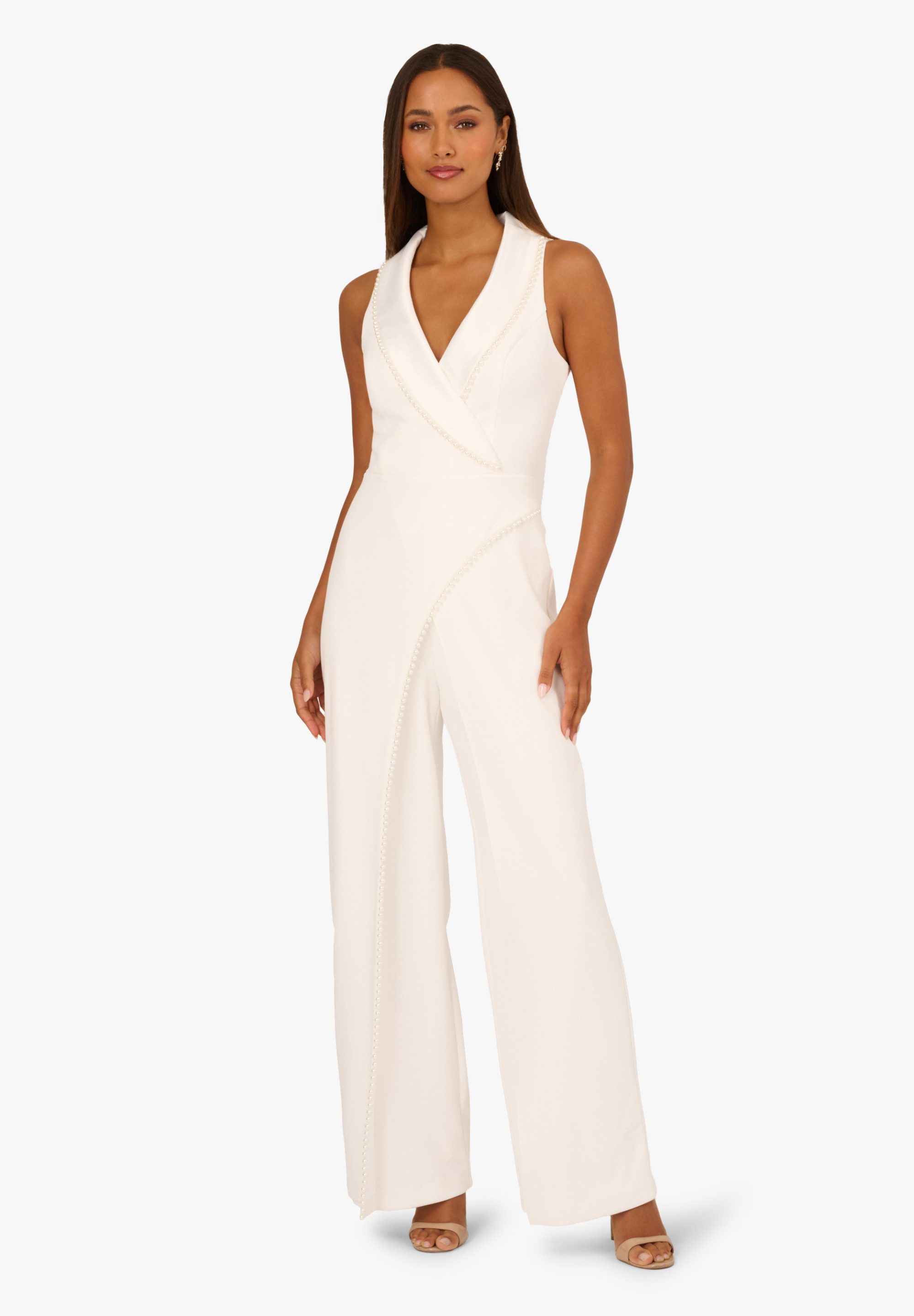 Adrianna Papell Jumpsuit Pearl Crepe Jumpsuit Ärmelloser Tuxedo-Jumpsuit mit weitem Bein