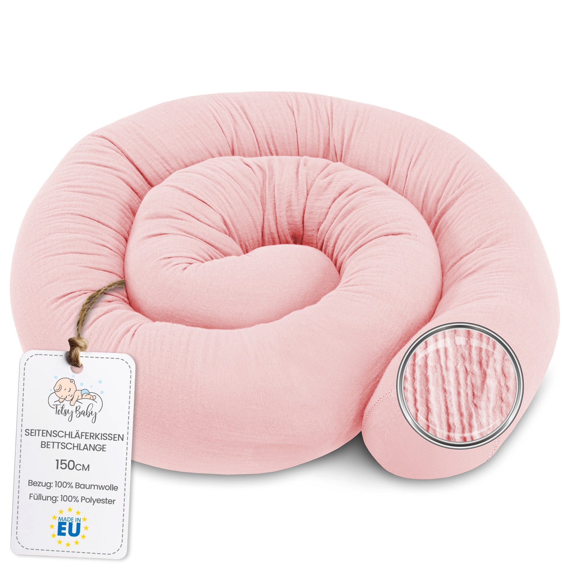 Sofakissen Bettschlange/Seitenschläferkissen 150cm Musselin-Baumwolle - Puderrosa