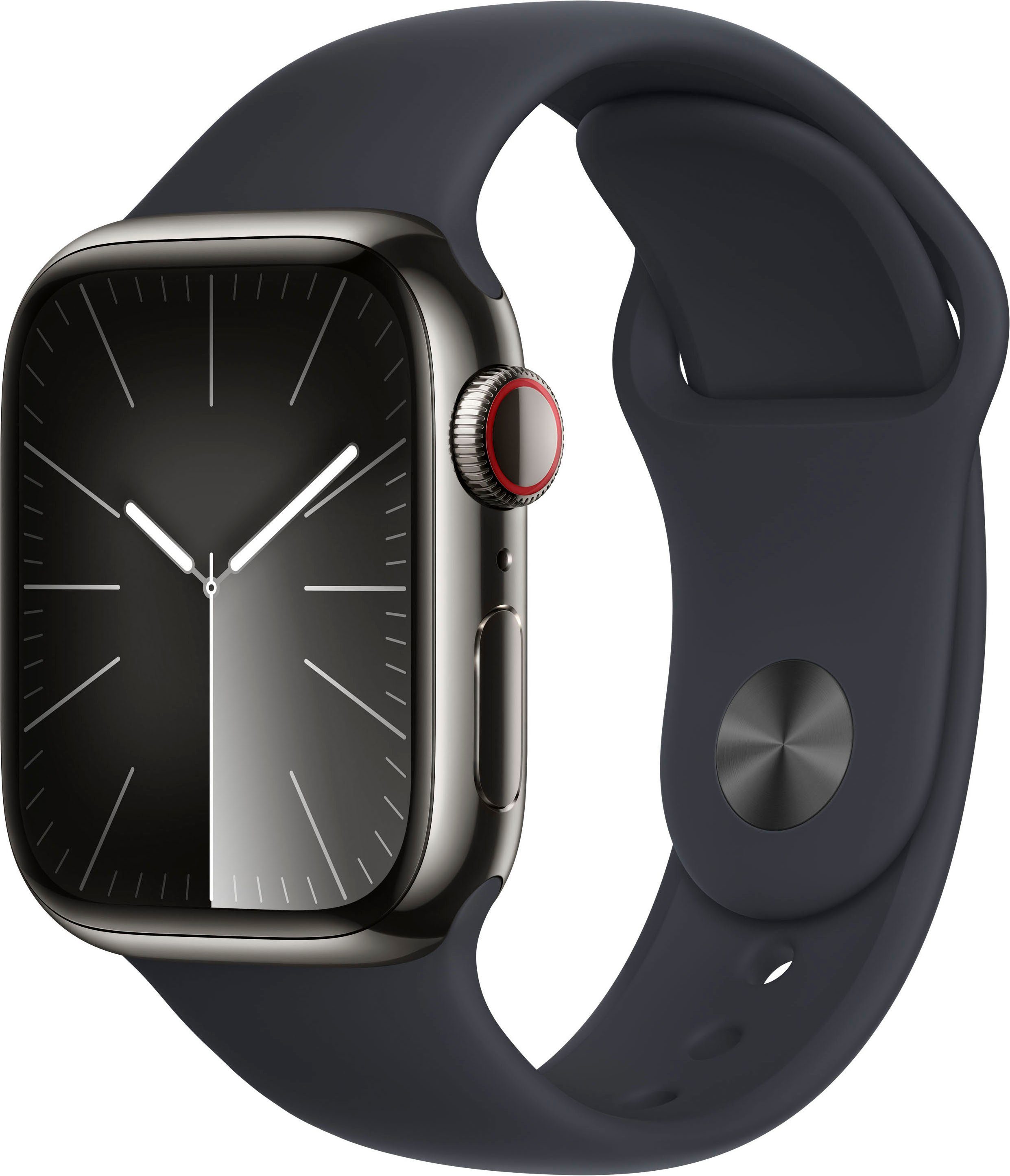 Apple Watch Series 9 GPS + Cellular 41mm Edelstahl Smartwatch (4,1 cm/1,61  Zoll, Watch OS 10), Sport Band, Bruchgeschützt, nach IP6X staubgeschützt  und schwimmfest mit 50 m Wasserschutz | Apple Watch