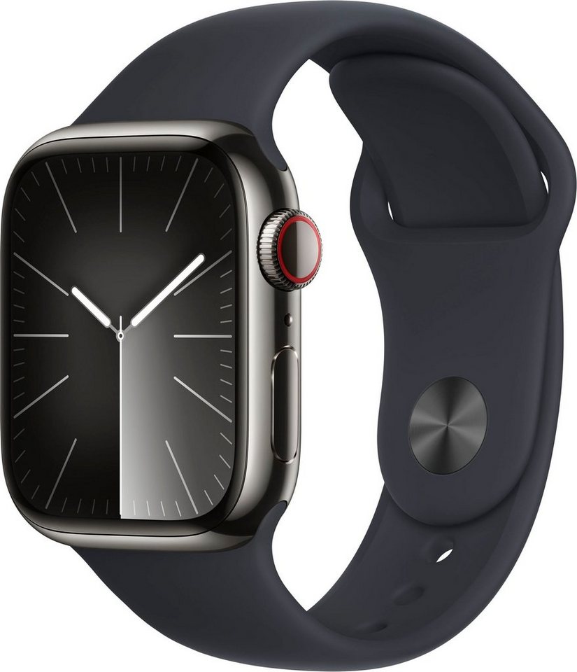 Apple Watch Series 9 GPS + Cellular 41mm Edelstahl Smartwatch (4,1 cm/1,61  Zoll, Watch OS 10), Sport Band, Bruchgeschützt, nach IP6X staubgeschützt  und schwimmfest mit 50 m Wasserschutz