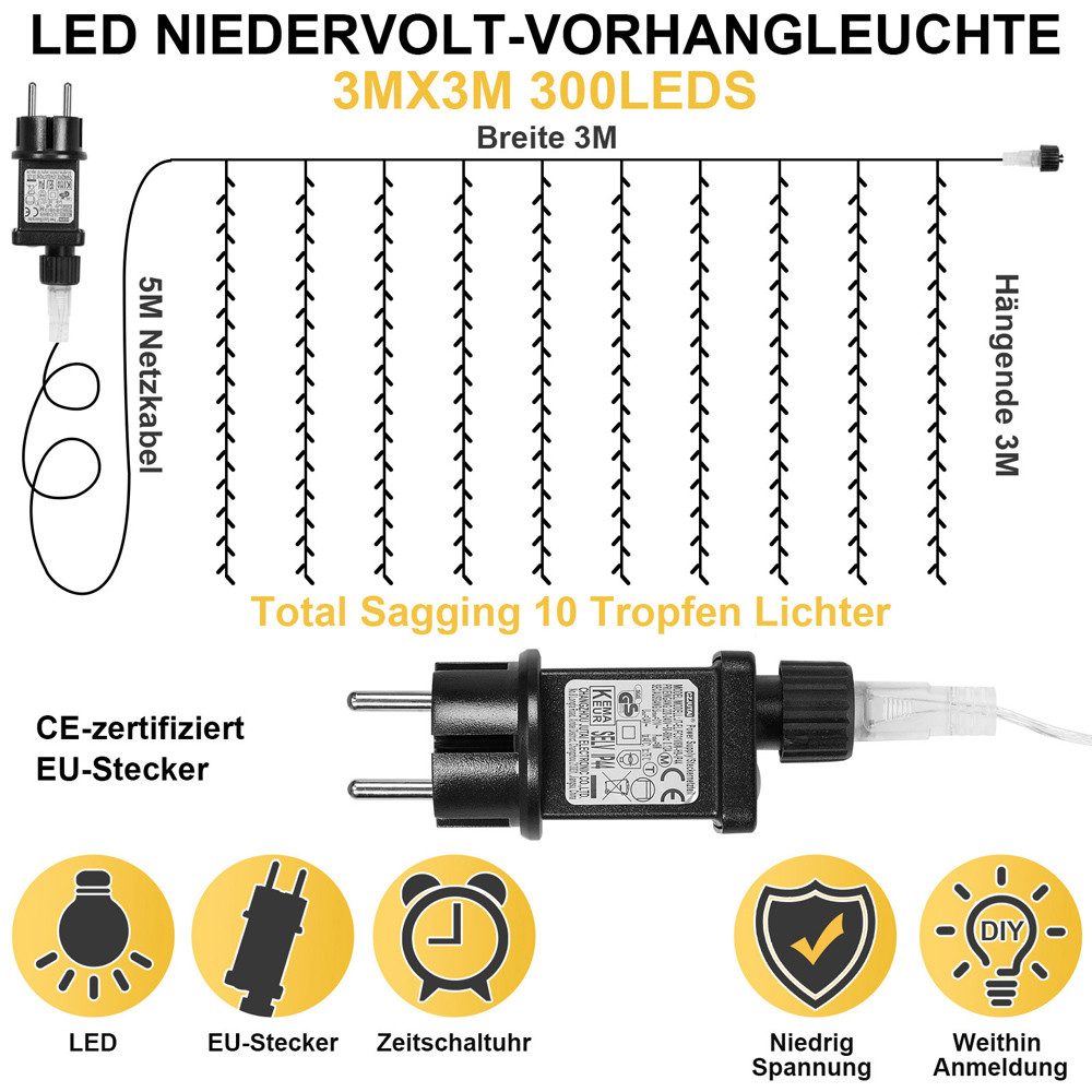 Rosnek LED-Lichtervorhang 300 LED Lichternetz Lichtervorhang Lichterkette, günstig online kaufen