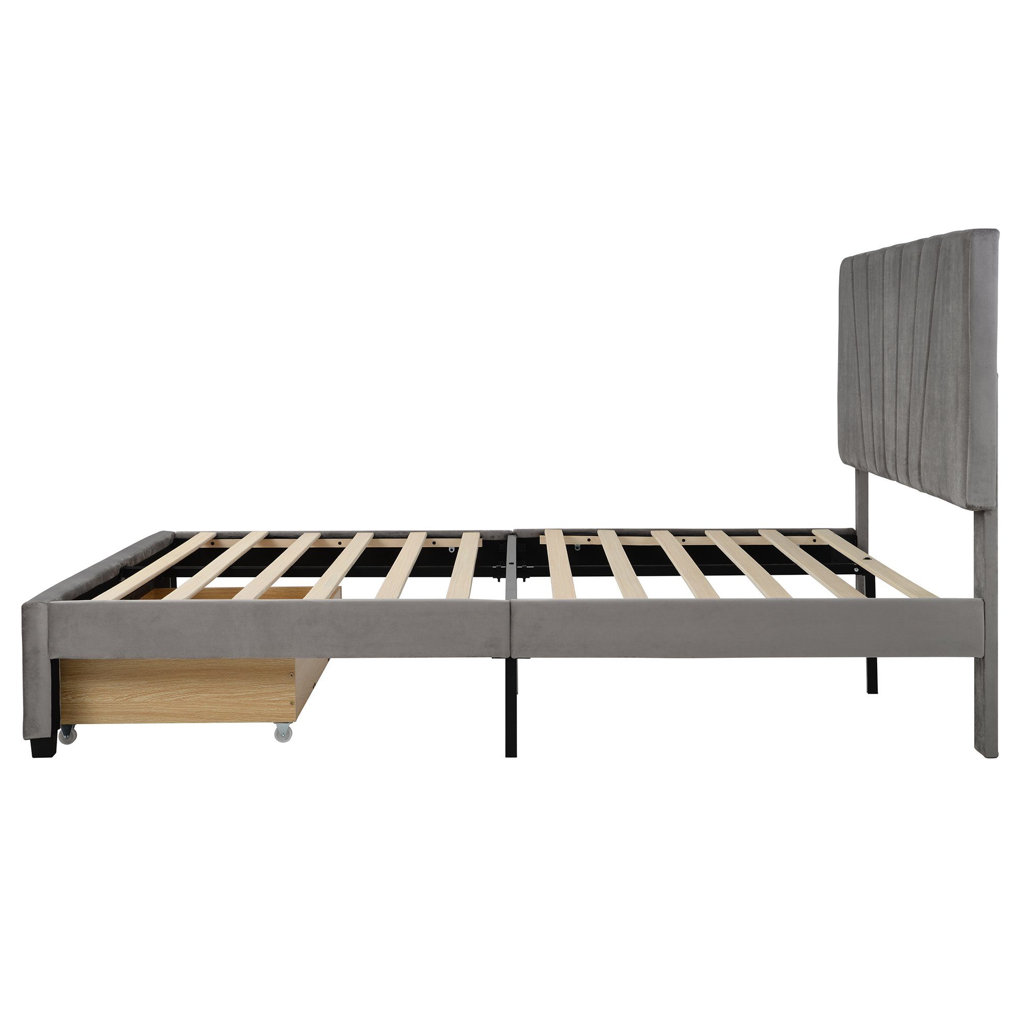 Polsterbett (140 x 200 cm Doppelbett), mit Lattenrost und Bettschubkästen, Höhenverstellbares Kopfteil, Samt