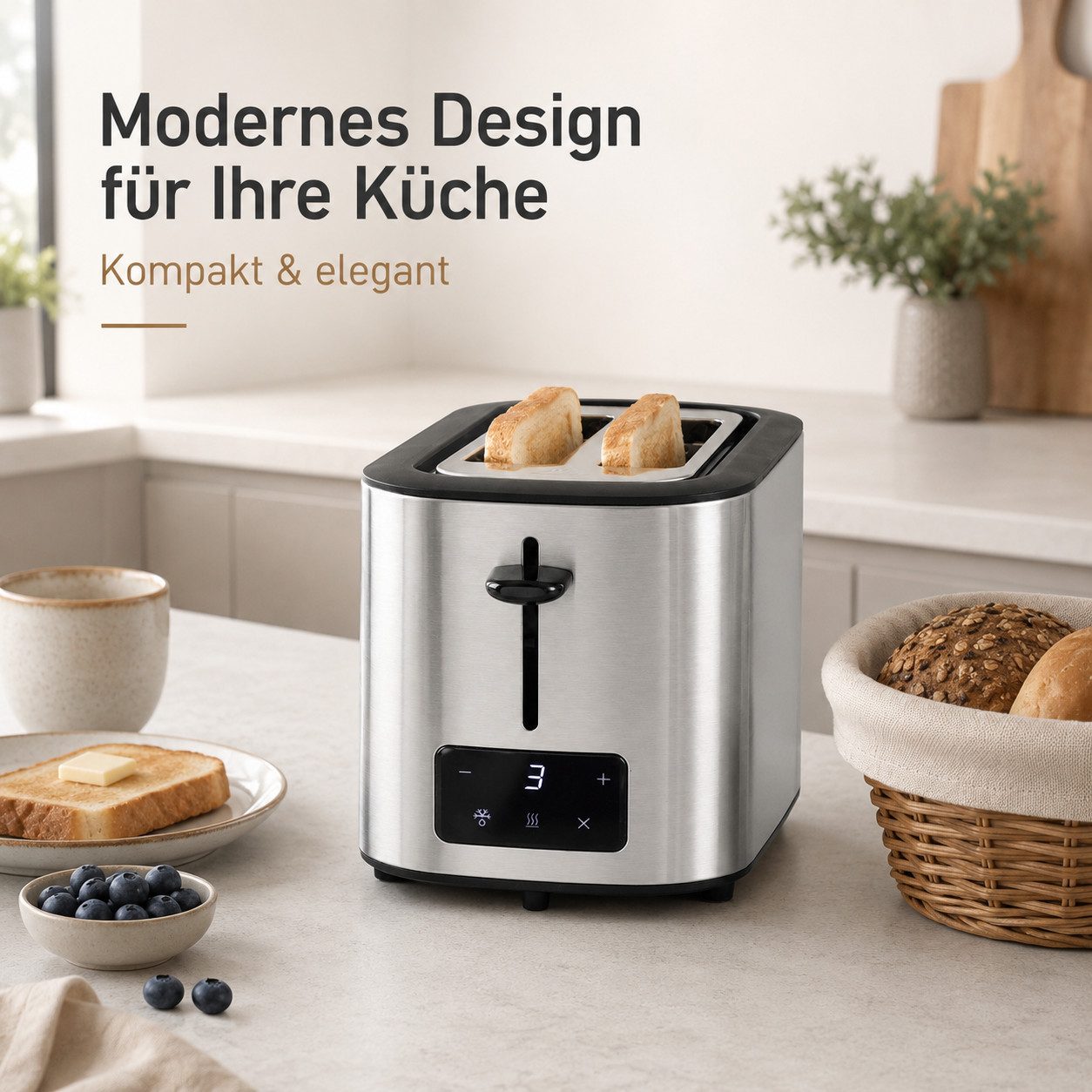 Tekoo Brotbackautomat Digitaler Toaster Edelstahl, 2-Schlitz mit 6 Bräunungsstufen, LED, 3 Programme, 870 W, kompaktes Design; 3-in-1 Funktionalität; präzise Bräunungskontrolle