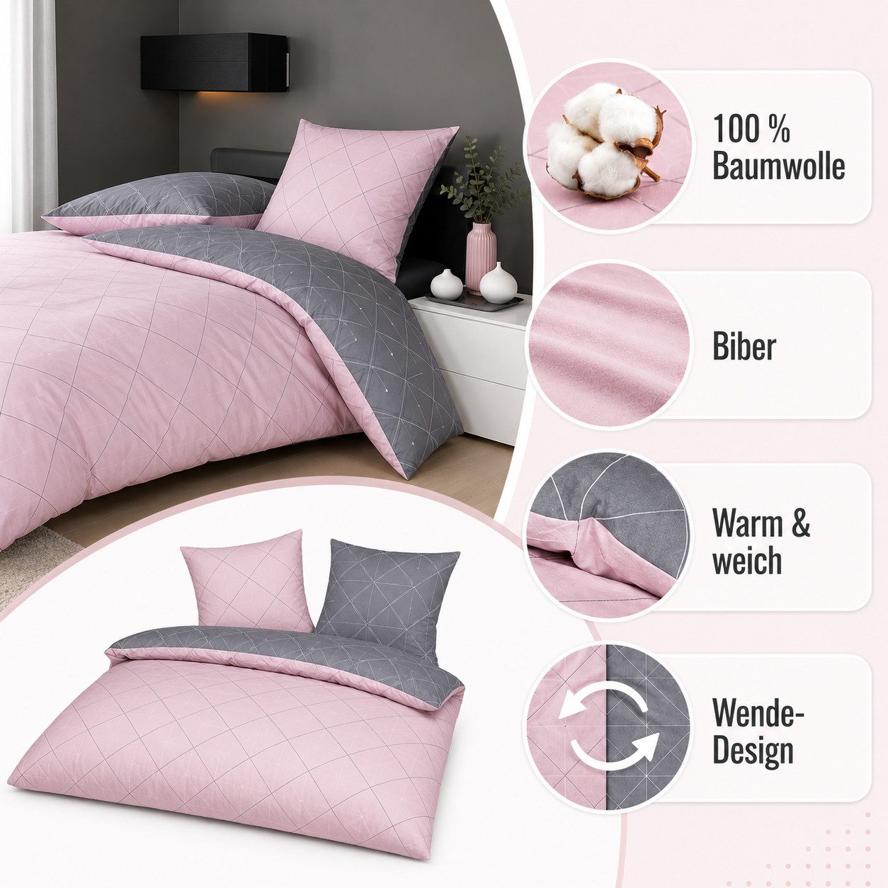 soma Bettwäsche Biber Garnitur 135x200 cm grau rosa inkl. Kissen 80x80 cm Wende-Design, Biber, 2 teilig, 100 % Baumwolle, Reißverschluss, geometrisches Muster,  – Bild 4 von 5