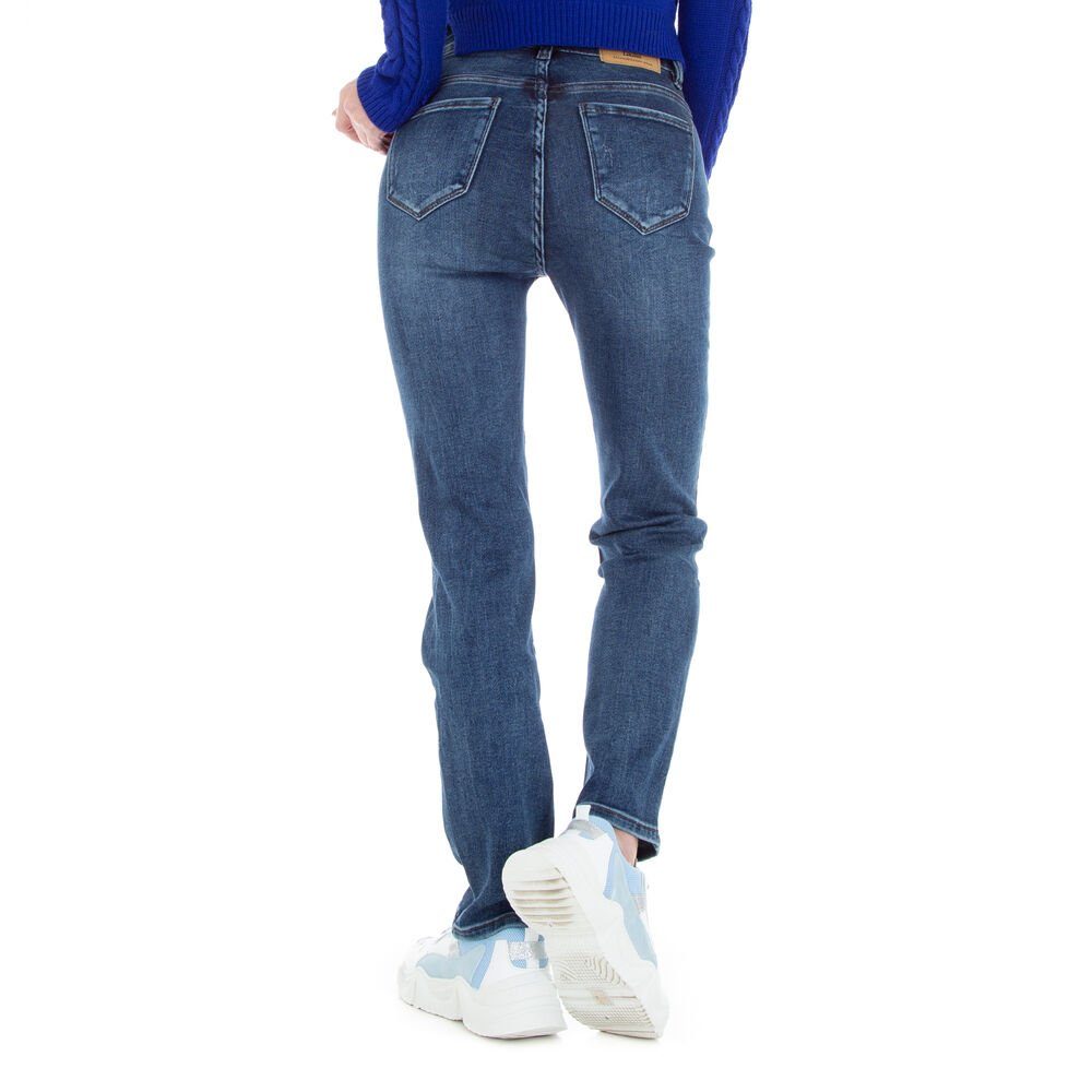 Damen Blau Leg Straight-Jeans Straight Destroyed-Look Freizeit Ital-Design in Stretch Jeans