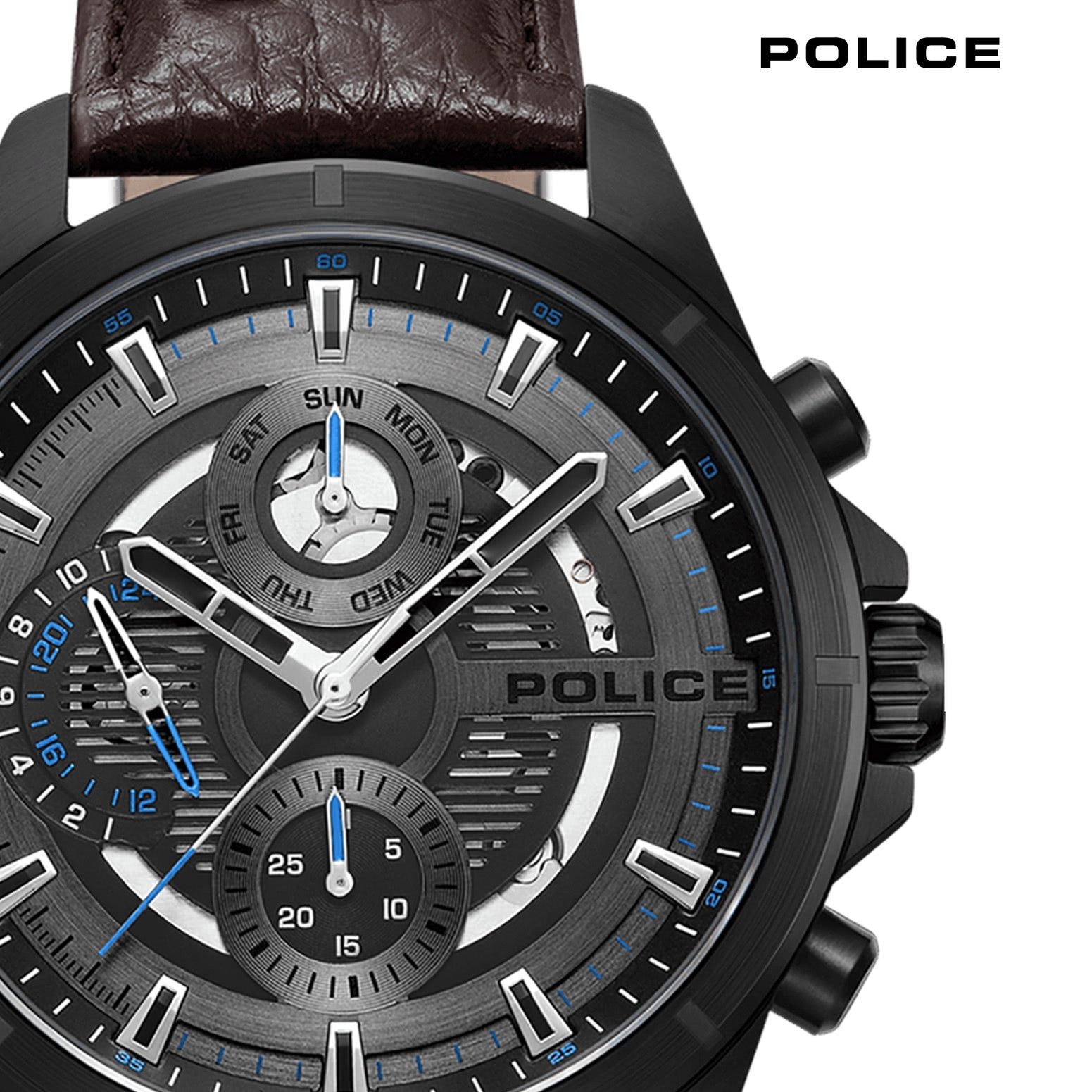Police Chronograph Police Herrenuhr Leder dunkelbraun, (Chronograph), Herrenuhr rund, extra groß (ca. 45x53mm) Lederarmband, Casual-Style