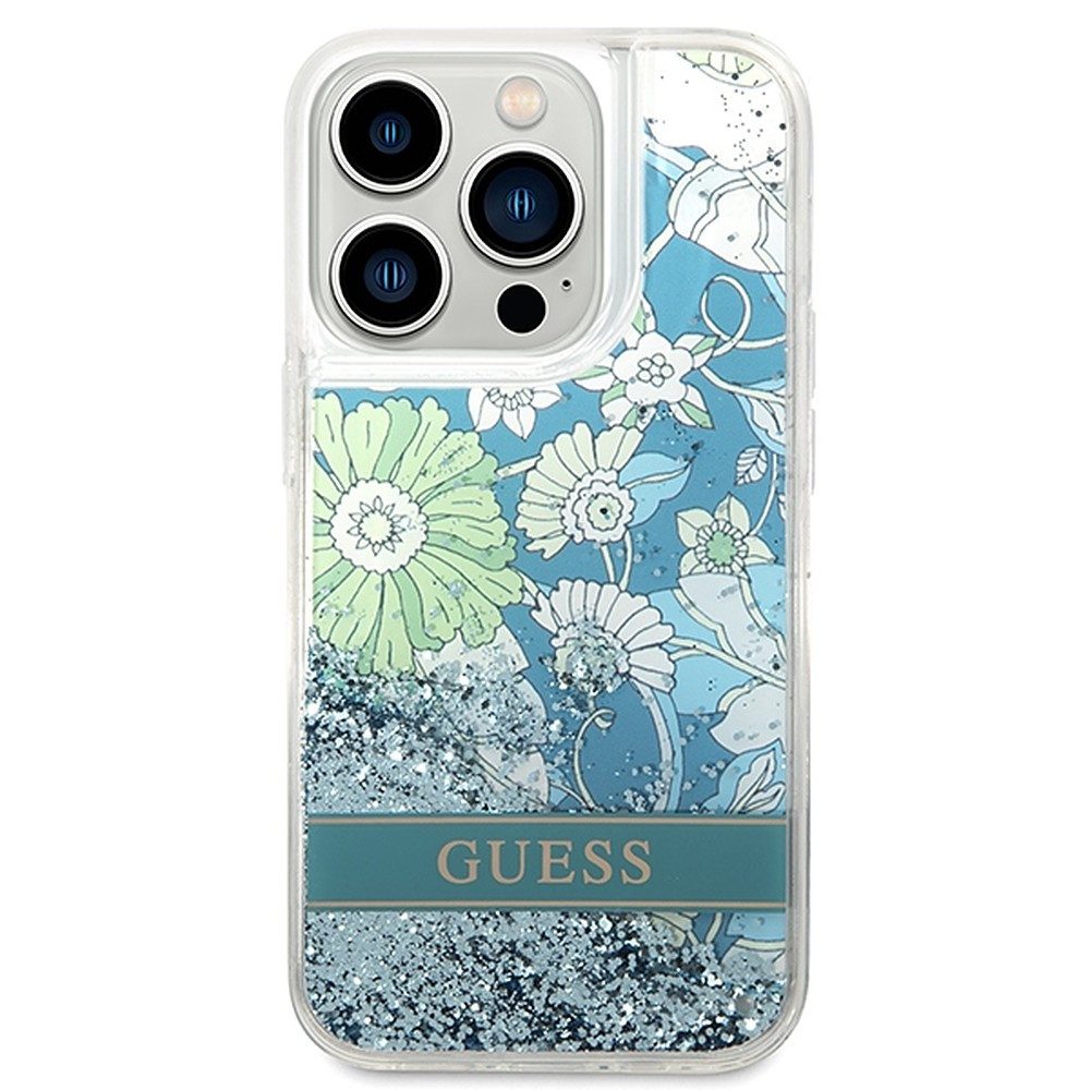 Guess Handyhülle Schutzhülle Glitzerschale Blumenmotiv 6,1 Zoll, Flüssigglitzer, Blumenmotiv, TPU, Lizenzprodukt