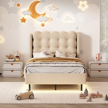 Flieks Polsterbett, Kinderbett Einzelbett mit warmgelben Lichtstreifen 90x200cm Samt