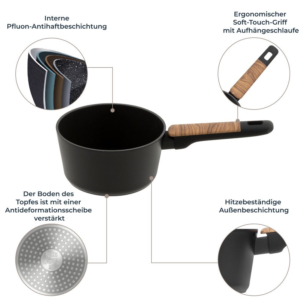 RESTO Kitchenware Kasserolle Mon, Topf 1,4 l, antihaftbeschichtet und spülmaschinenfest, Aluminium (2-tlg), mit Glasdeckel und stoßdämpfendem Silikonrand, im Geschenkkarton