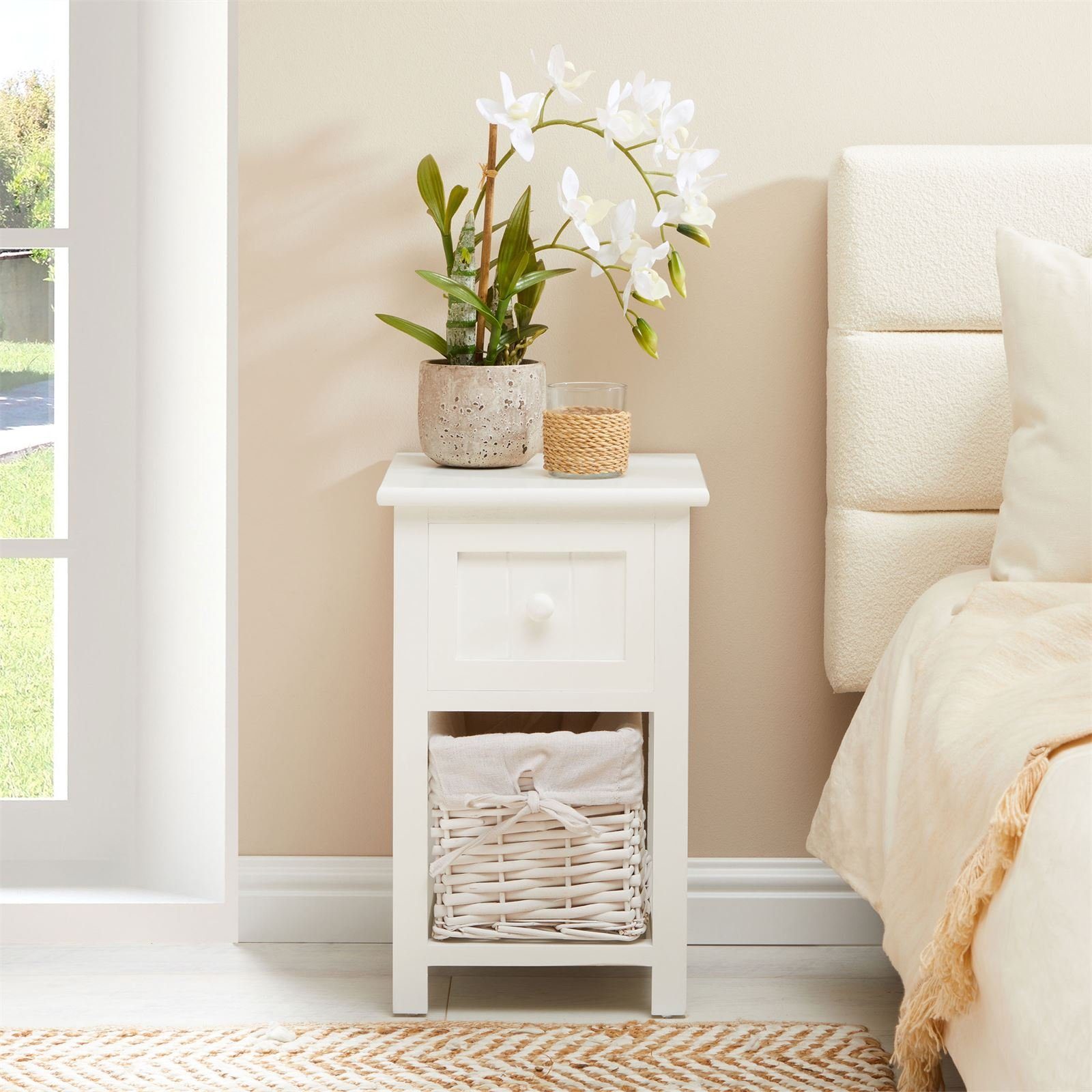 CARO-Möbel Nachttisch MESSINA, Nachttisch aus Holz mit 1 Schublade und Korb Kommode Vintage Boho Sty