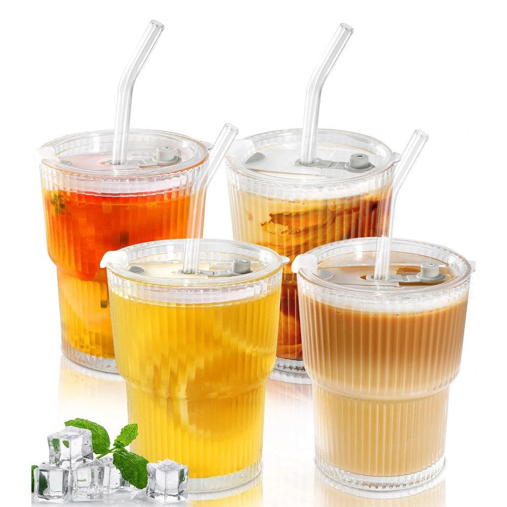 FANNOU Gläser-Set Gerippte Glasbecher mit Deckel und Strohhalm, 4-tlg., luftdichtes und wasserdichtes Design, ideal als Kaffee