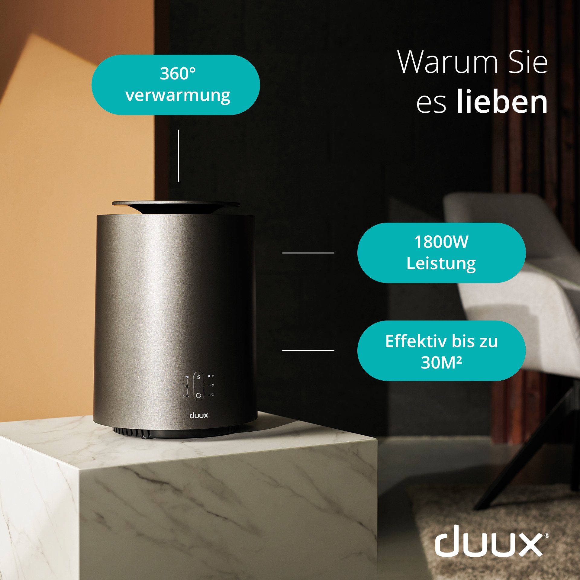 Luftverteilung Duux-App, 1.800 Grau Keramikheizlüfter 2, mit W, Grad DUUX 360 Threesixty Steuerbar