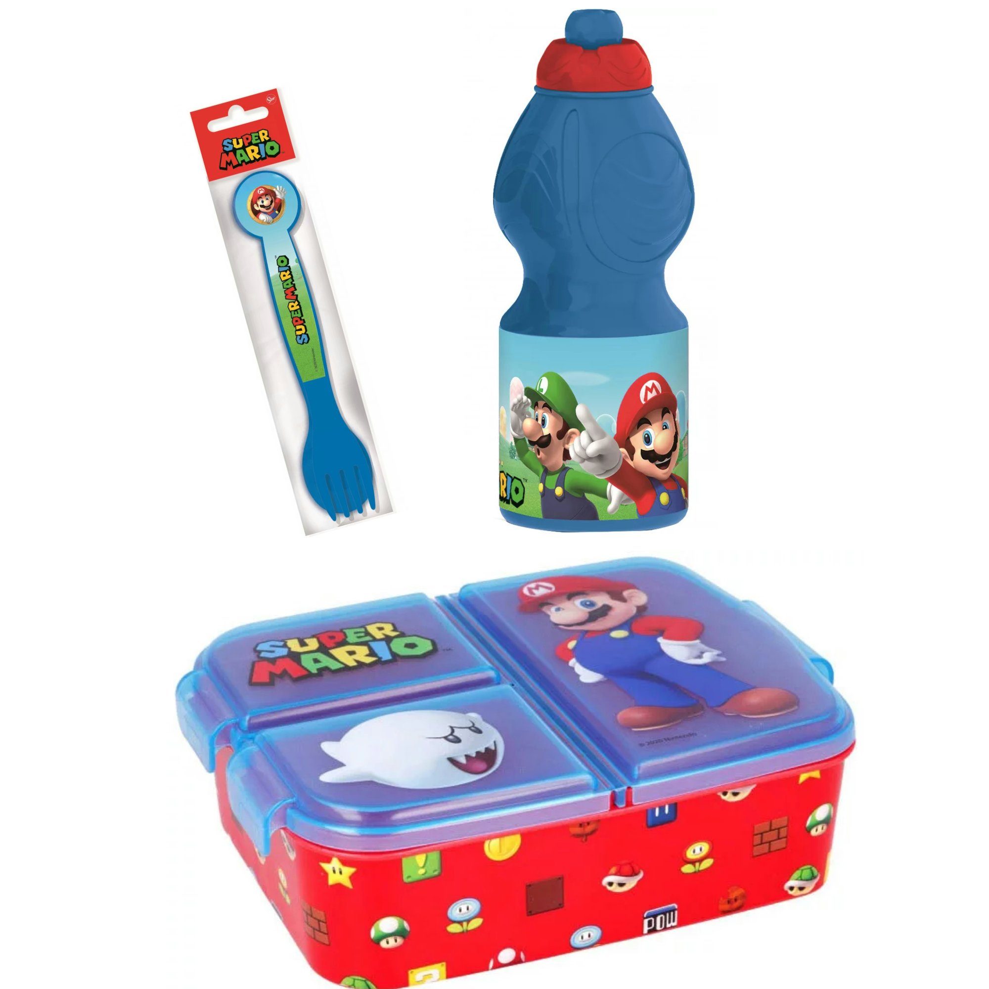 Super Mario Lunchbox Super Mario 4 teiliges Set Brotdose, Trinkflasche und Besteck, Kunststoff, (4-tlg)