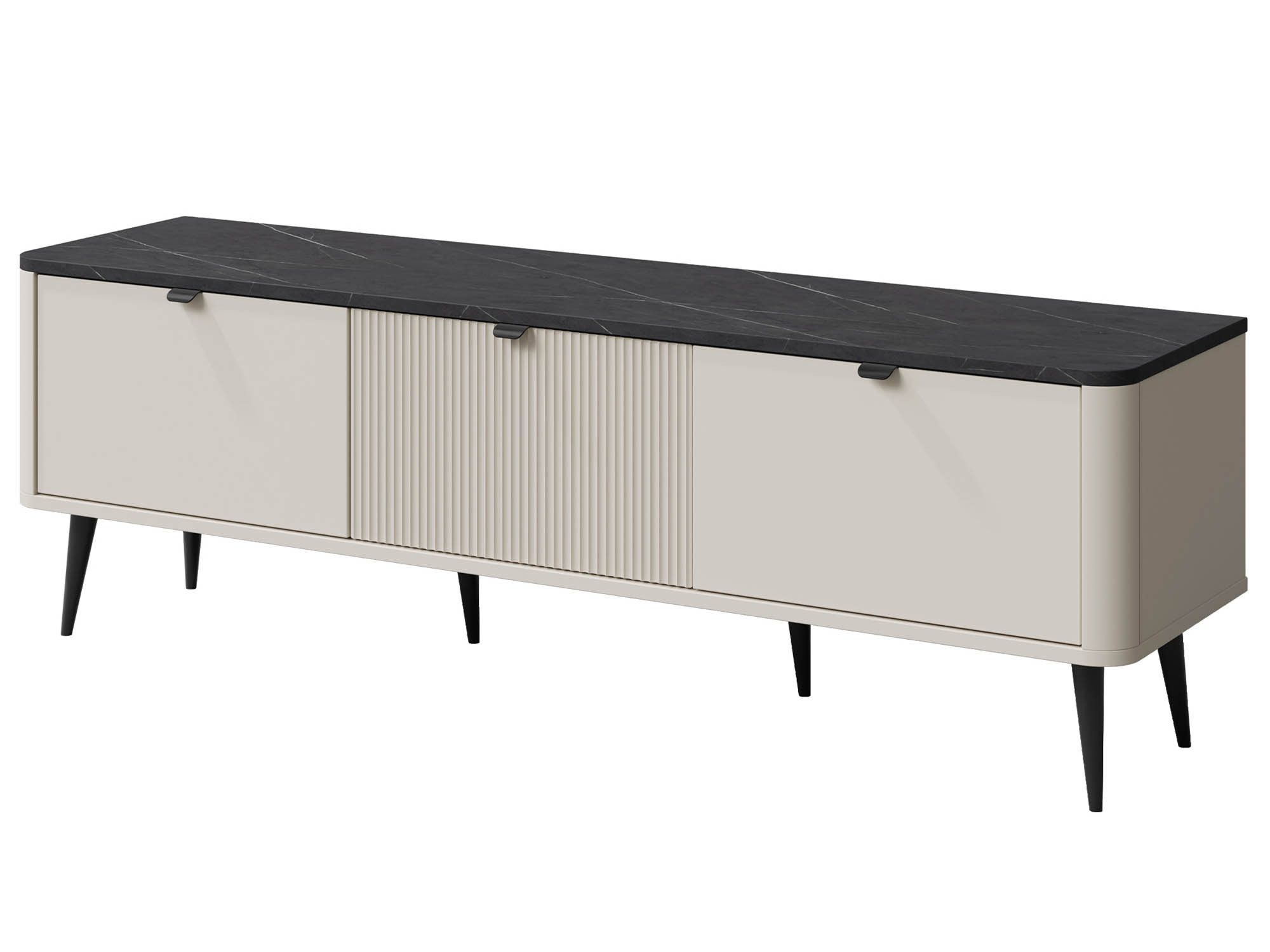 Beautysofa TV-Schrank MIA mit 3 Klappen, geriffelter Front, Soft-Close (Kaschmir & Steingrau, Baltic Storm & Schwarz, Kaschmir & Walnuss) Metallgriffen und hohen Metallfüßen