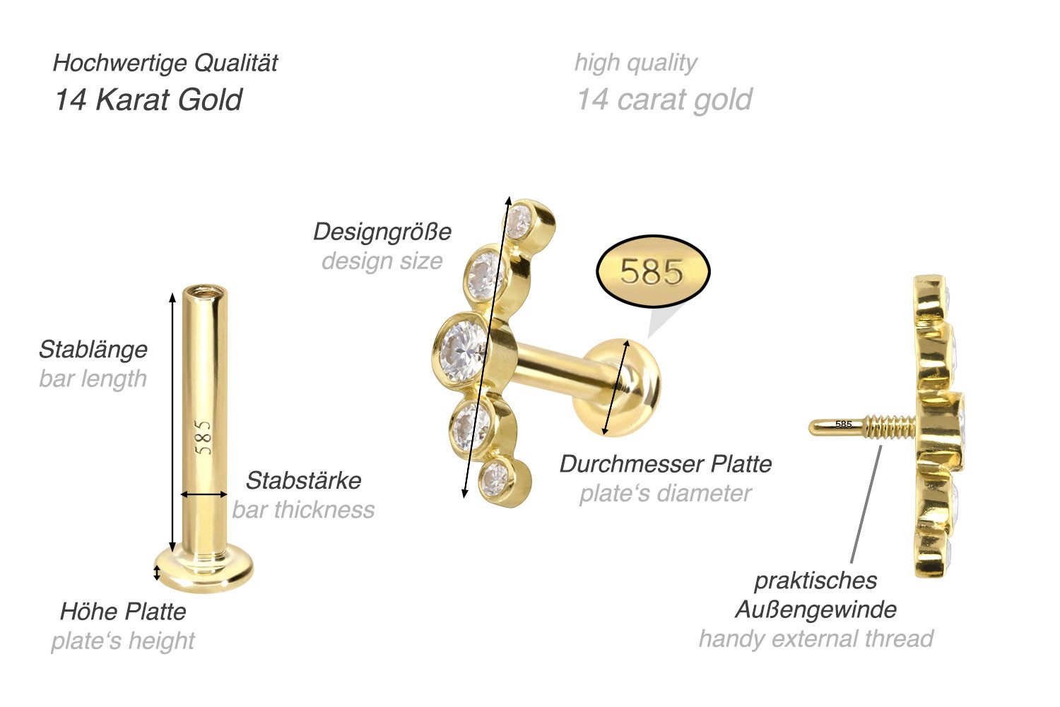 PIERCINGLINE Piercing-Set 14 Karat Gold Labret mit Innengewinde MOISSANIT-BOGEN (Labrets, 1-tlg)