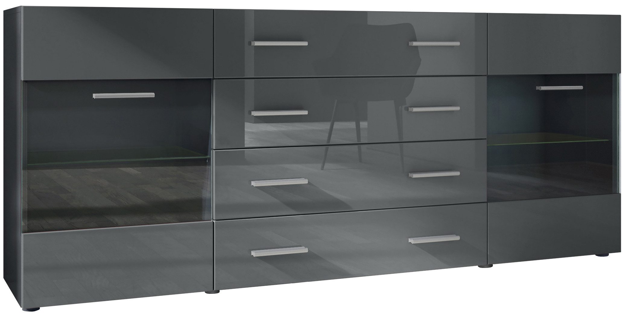 Vladon Sideboard Carlos V2 (Kommode mit 2 Türen, 4 Schubladen und 2 flexible Glaseinlegeböden), Schwarz matt/Grau Hochglanz (166 x 72 x 35)