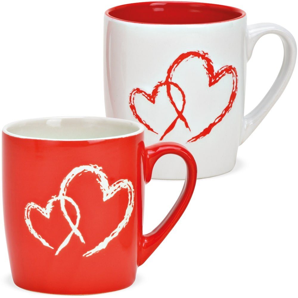 matches21 HOME & HOBBY Becher Tassen Herzdekor Steingut rot & weiß 2er ...