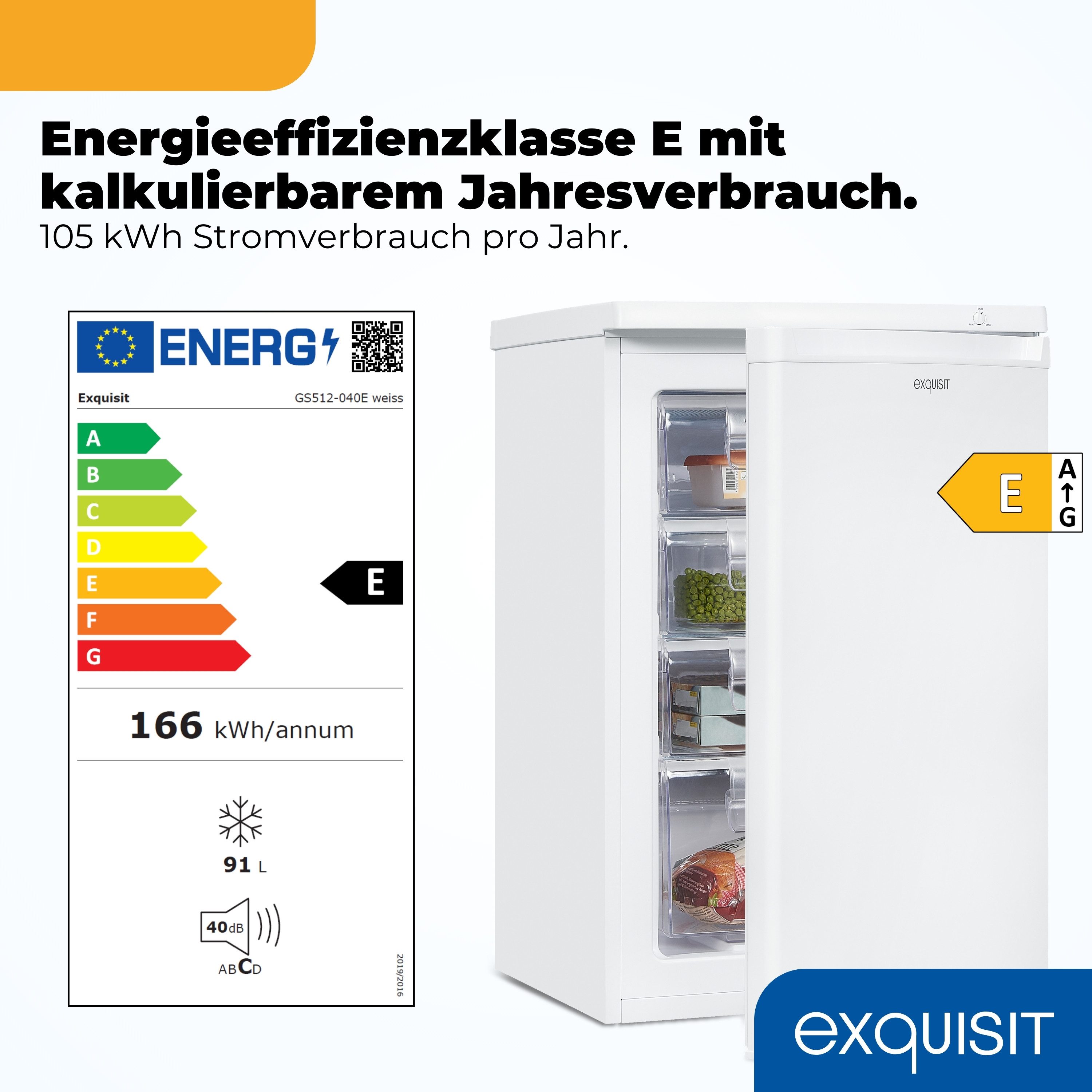 exquisit Gefrierschrank GS512-040E, 85.5 cm hoch, 55 cm breit, 91 l Nutzinhalt, 4 Gefrierschubladen, 40 dB Geräuschklasse C