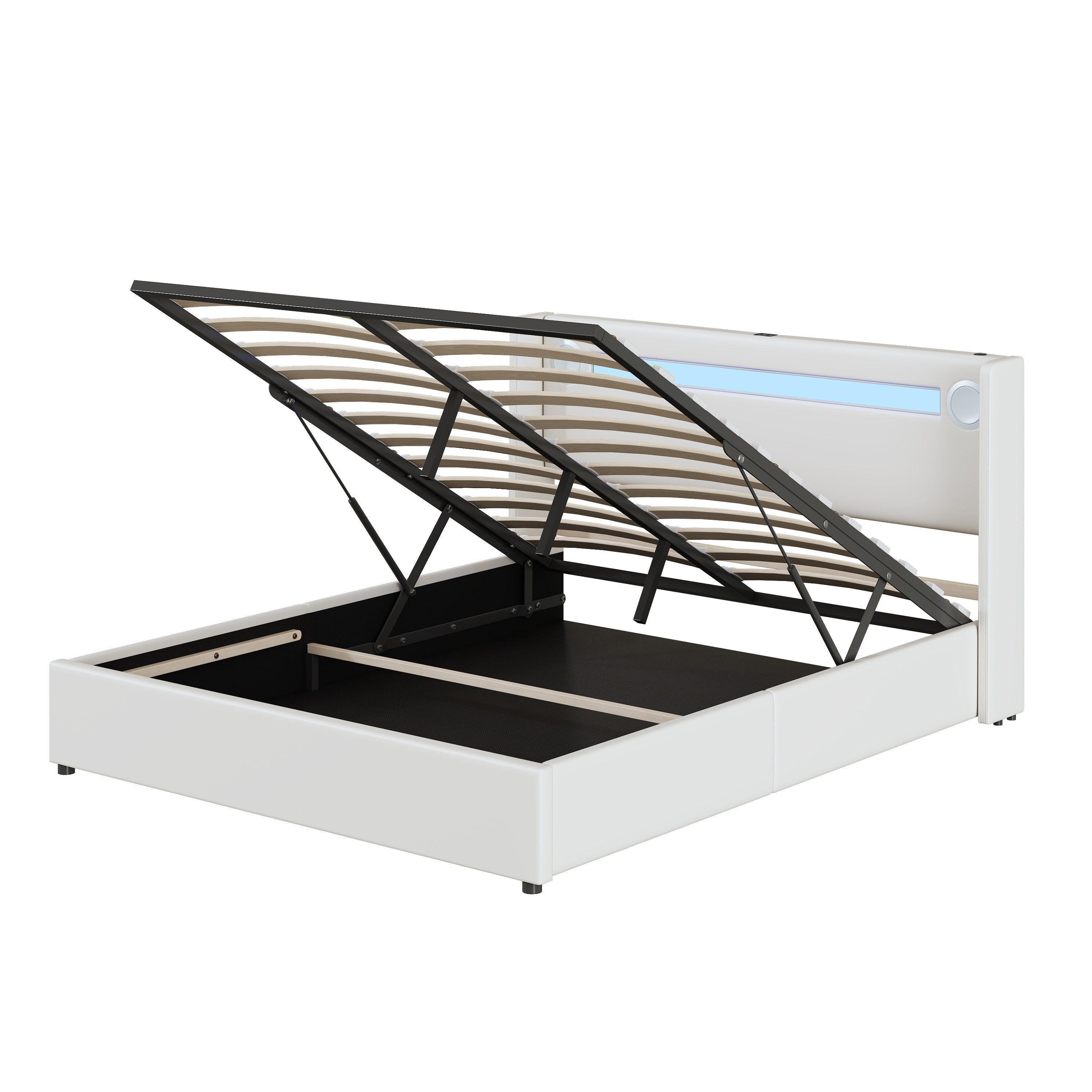 Polsterbett (Stauraumbett, Doppelbett), mit LED Beleuchtung/Bluetooth/USB-Aufladen, Kunstleder, 160x200cm