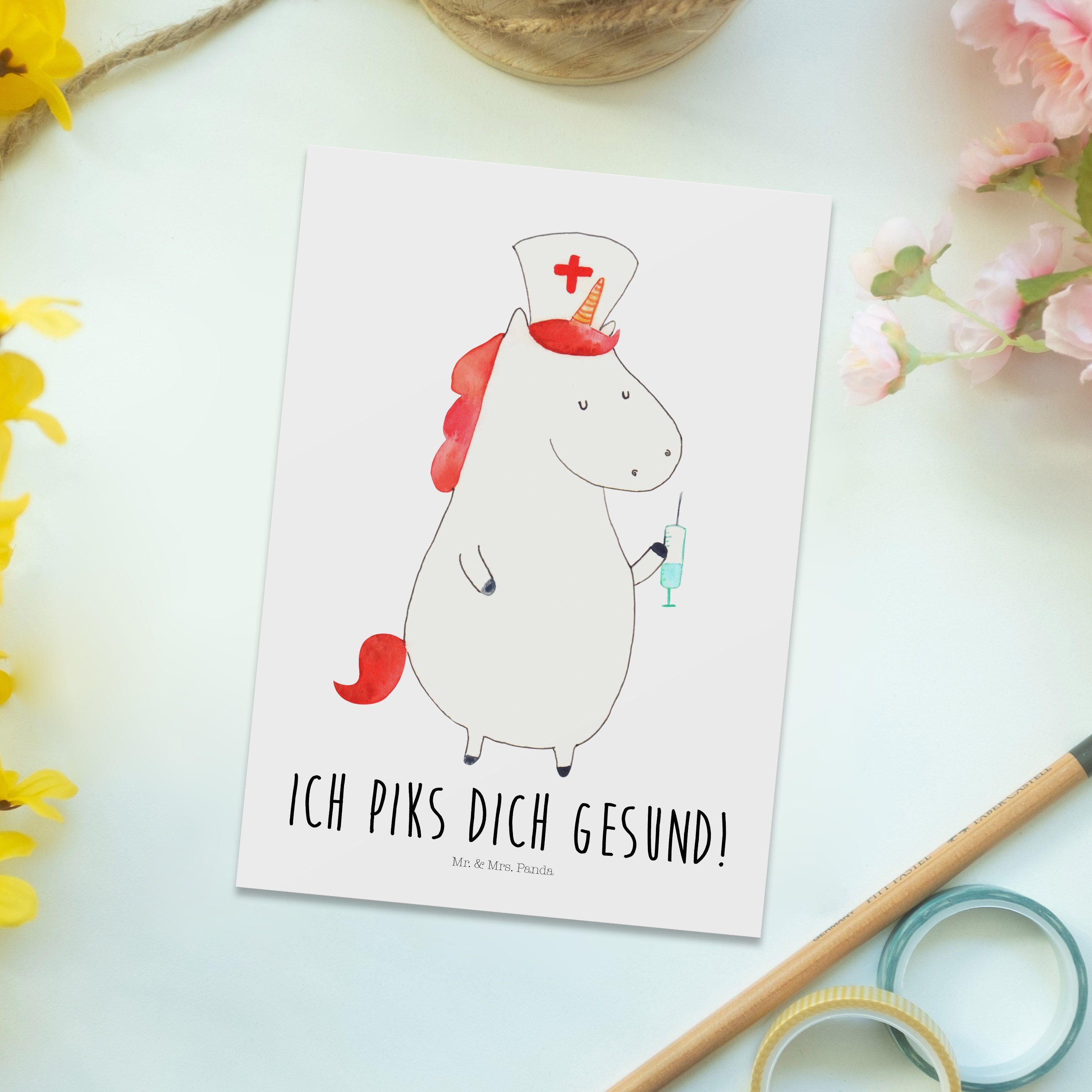 Geschenk, Mrs. Panda Einhorn & Mr. Ansichtskarte, Krankenschwester De Einhorn - Weiß Postkarte -