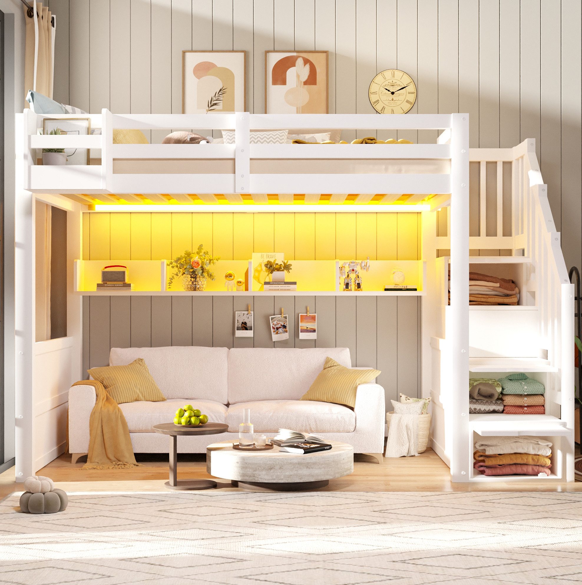 MODFU Hochbett Schlafplatz mit Treppe, Schrankelementen und viel Stauraum (Packung, 1-St., Robustes Holzgestell für platzsparende Raumgestaltung) 90x200 Kinderbett Weiß aus Holz mit LED Beleuchtung ohne Matratze