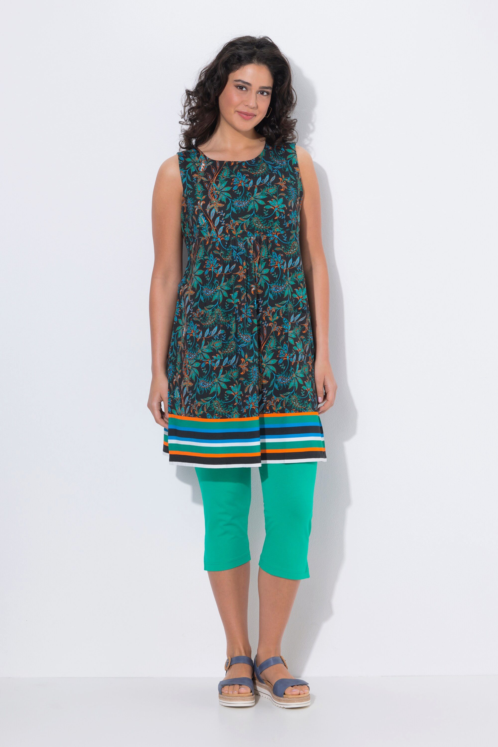 Ulla Popken Minikleid Jerseykleid Bordüre A-Linie Rundhals ärmellos