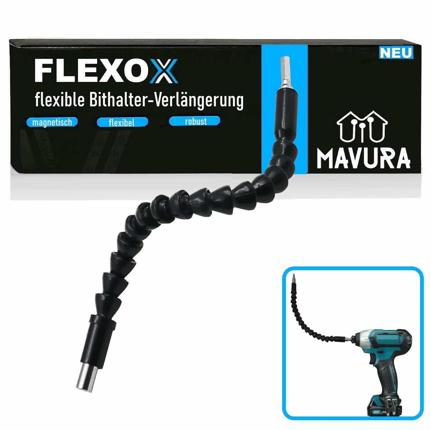 MAVURA FLEXOX Bithalter flexibel Verlängerung schwenkbar magnetisch Bit-Adapter Winkelaufsatz Akkuschrauber zu Winkelaufsatz Akkuschrauber, Winkelaufsatz Bit Winkelaufsatz Akkuschrauber Bohrer | Steckschlüssel