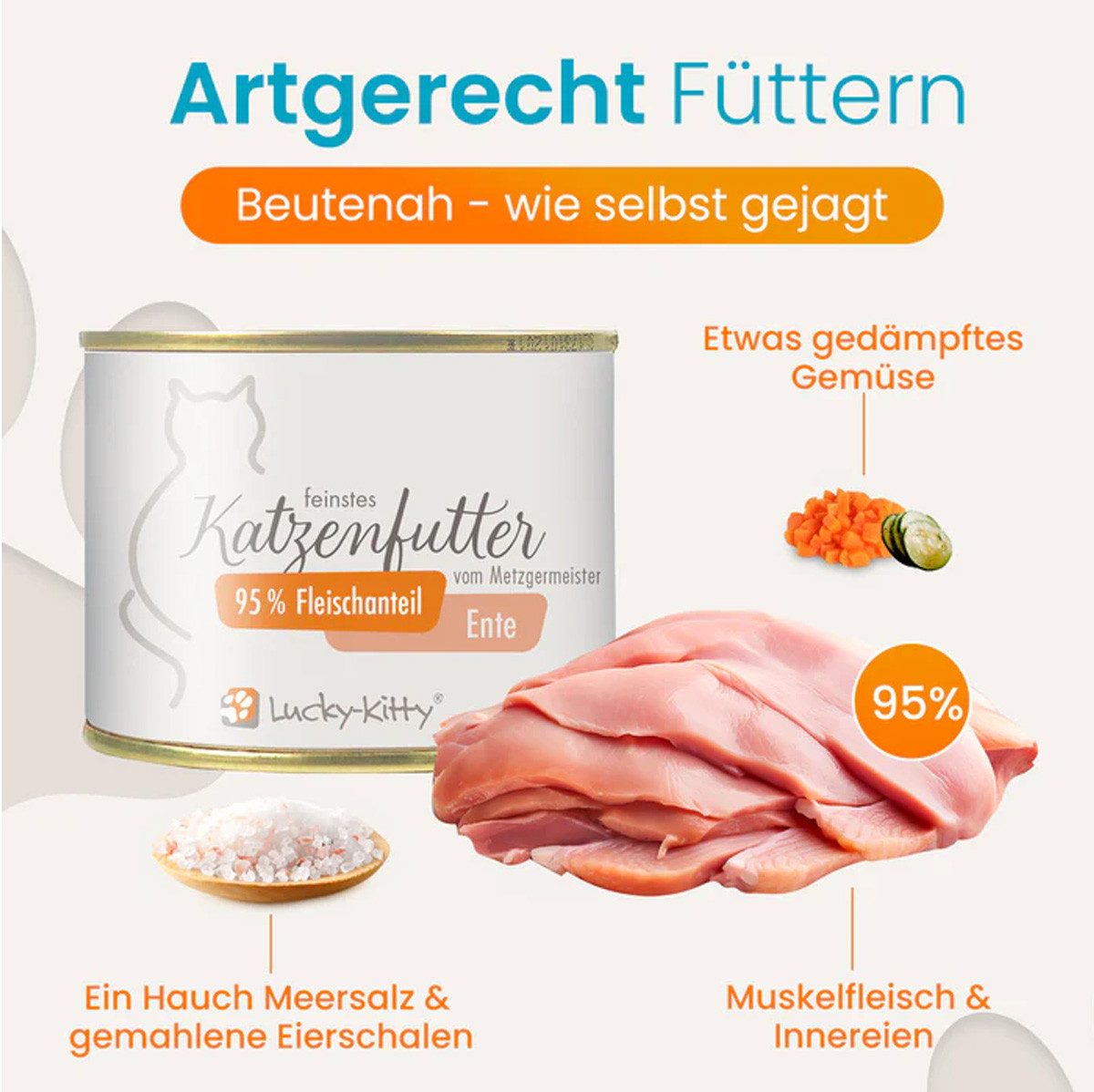 Lucky-Kitty Katzenfutter Ente, 95% Fleischanteil, getreidefrei, hypoallergen 15x200g, Nassfutter für: Katzen, frisches Entenfleisch in Metzgerqualität, zuckerfrei, Monoprotein