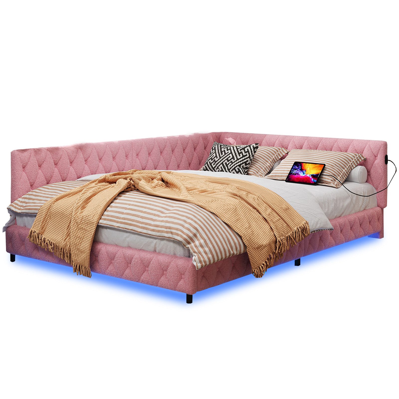FUROKOY Polsterbett Daybett Schlafsofa Doppelbett Tagesbett, 140x200cm mit LED Beleuchtung und USB-Aufladen,Teddysamt,Rosa