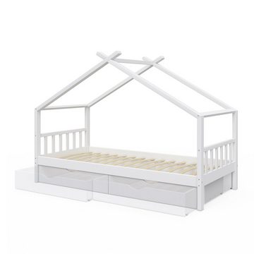 VitaliSpa® Kinderbett Hausbett Kinderhaus 90x200 DESIGN Weiß Schublade