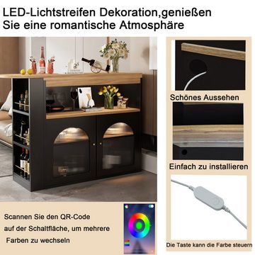 Flieks Bartisch (1-St., mit LED-Lichtleisten, 360° Drehung), ausziehbar Stehtisch drehbar Sideboard Esstisch mit Stauraum Anricht