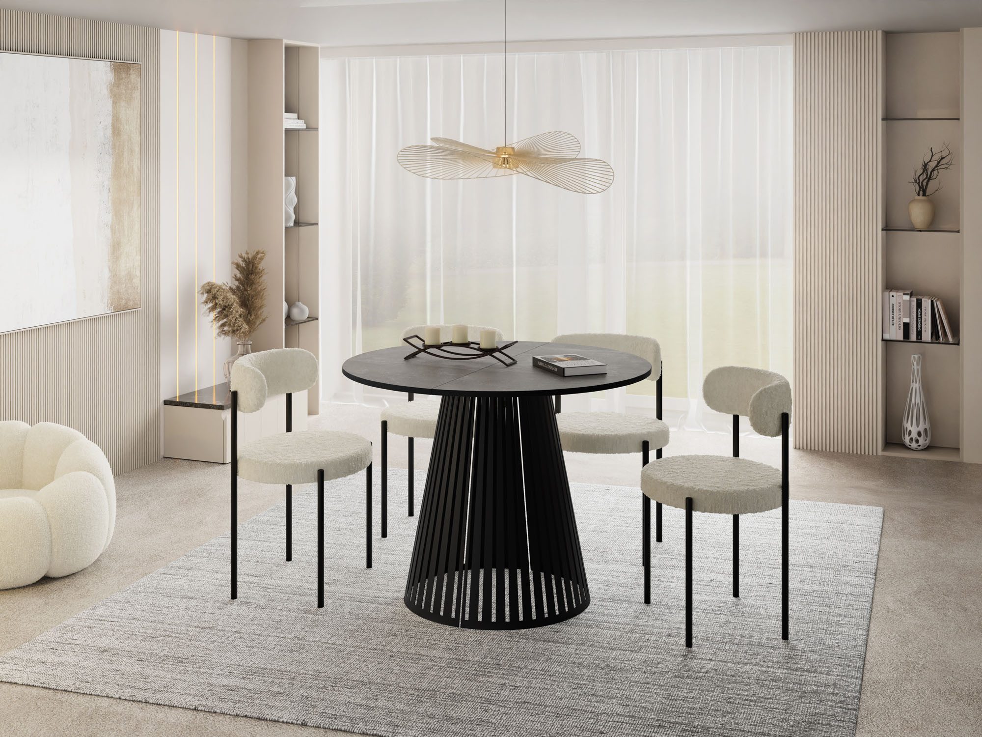 WFL GROUP Esstisch Naro Black ausziehbar rund modern mit schwarzen Metallbeinen (MADE IN EU, erhältlich in 2 Größen – 100/120 cm, ausziehbar auf 180/200 cm), platzsparender Tisch mit Lamellen für Küche, Esszimmer oder Wohnzimmer