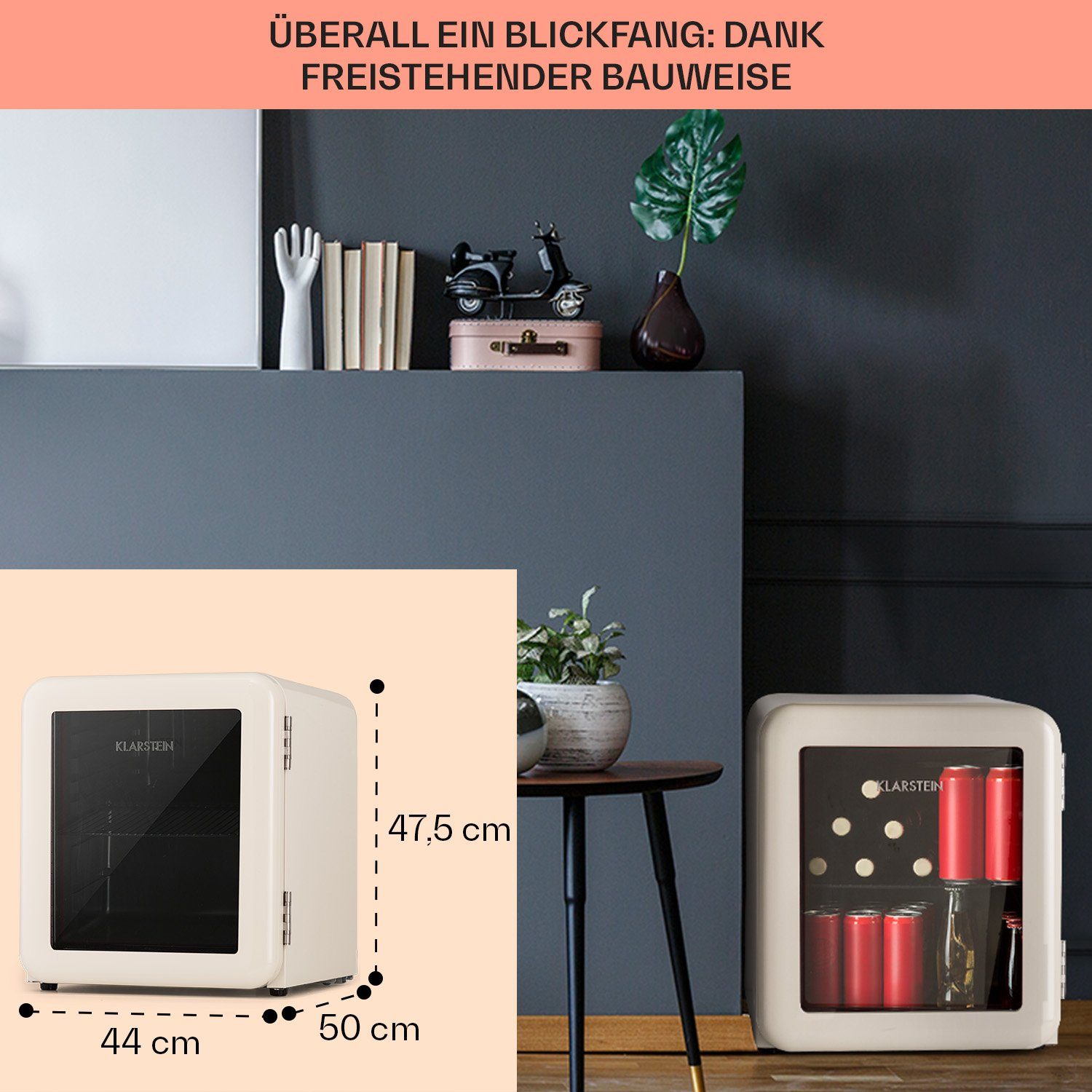 Klarstein Table Top Kühlschrank HEA13-PopLife-48-cr 10046078, 47.5 cm hoch, 44 cm breit, Bier Hausbar Getränkekühlschrank Hotel Mini Fridge