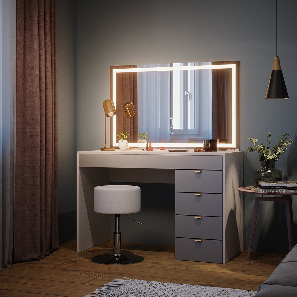 Vicco Schminktisch Elise, Weiß/Grau, 115 cm mit LED Spiegel und Hocker günstig online kaufen