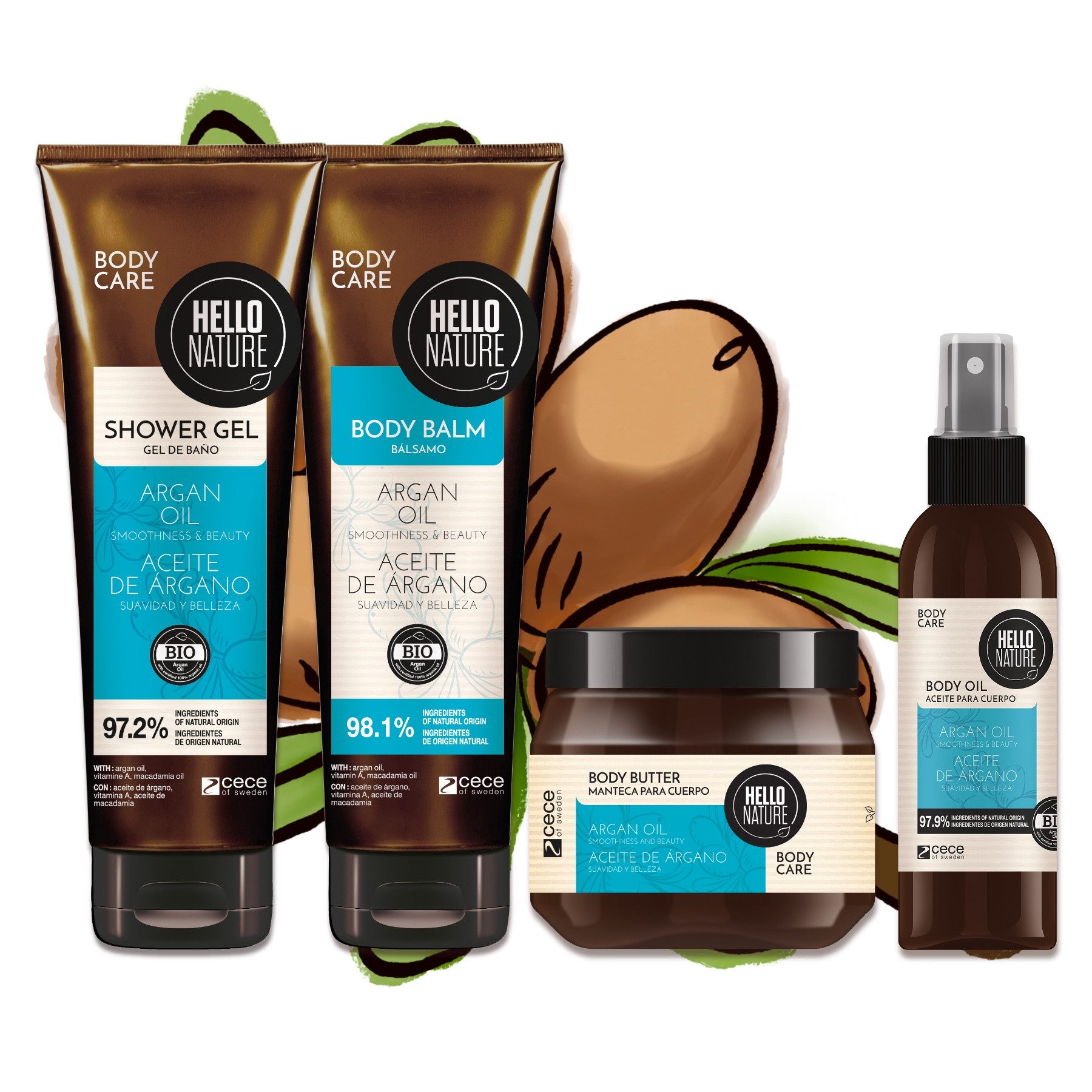 Hello Nature Hautpflege-Set Körperpflege Set Arganöl Duschgel Body Butter Balm Körperöl, Hautpflegeset, Körperpflege, Gesichtspflege, Hello Nature