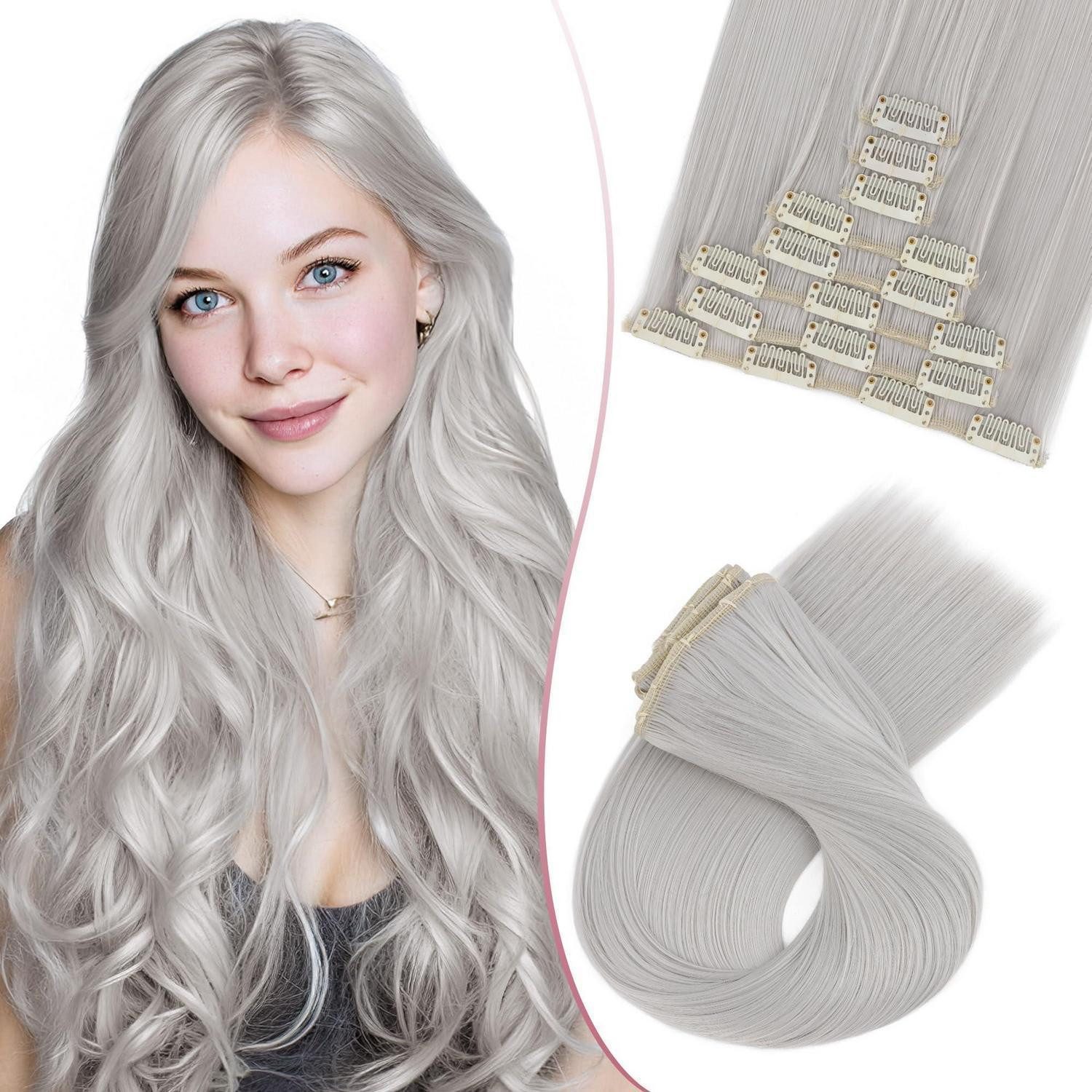 LuxusKollektion Kunsthaar-Extension Haarteil Clip in Extensions 8PCS Kunstfaser 18 Zoll 45 cm #GREY Grau