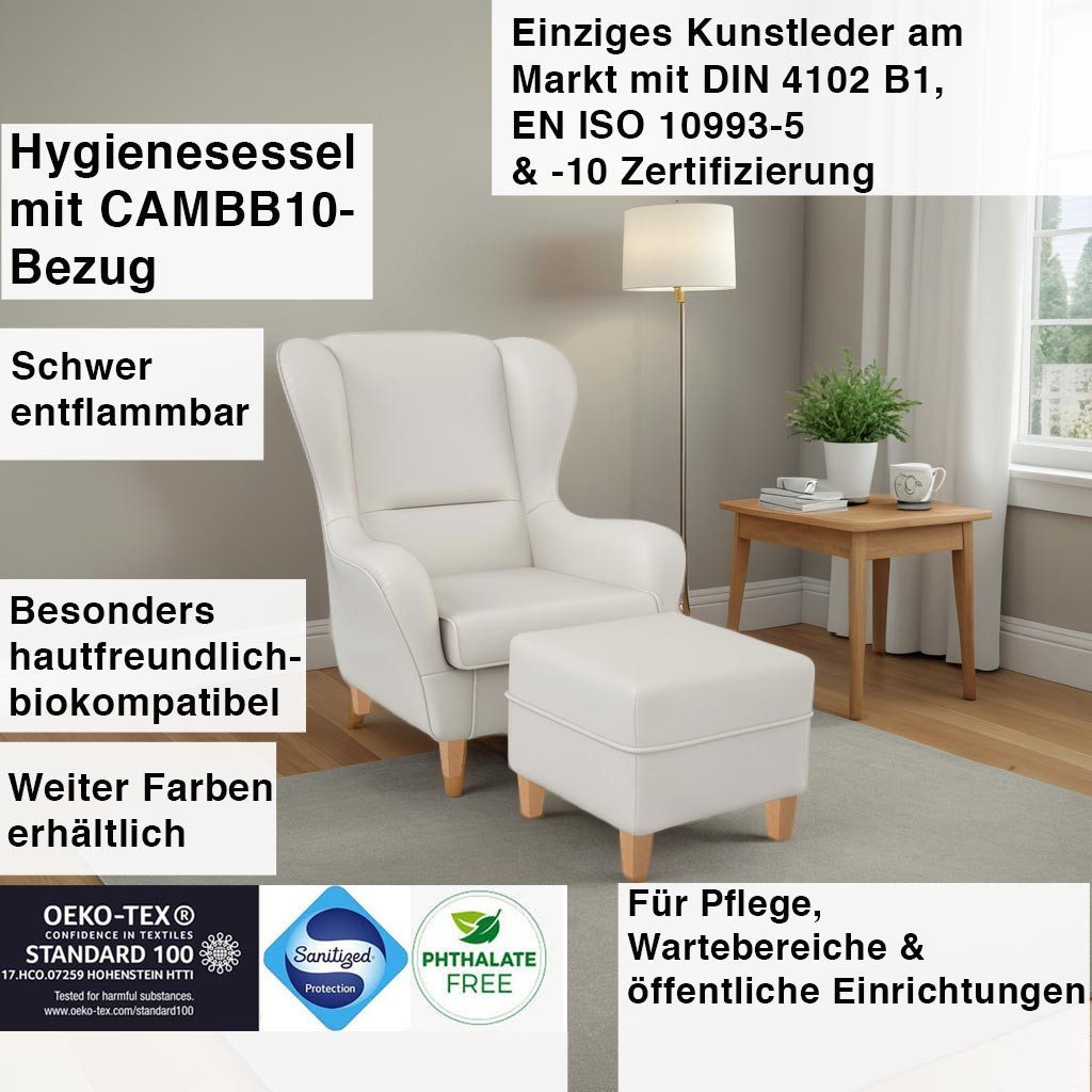 Supellex Ohrensessel Hygienesessel mit Hocker – desinfektionsmittelbeständig